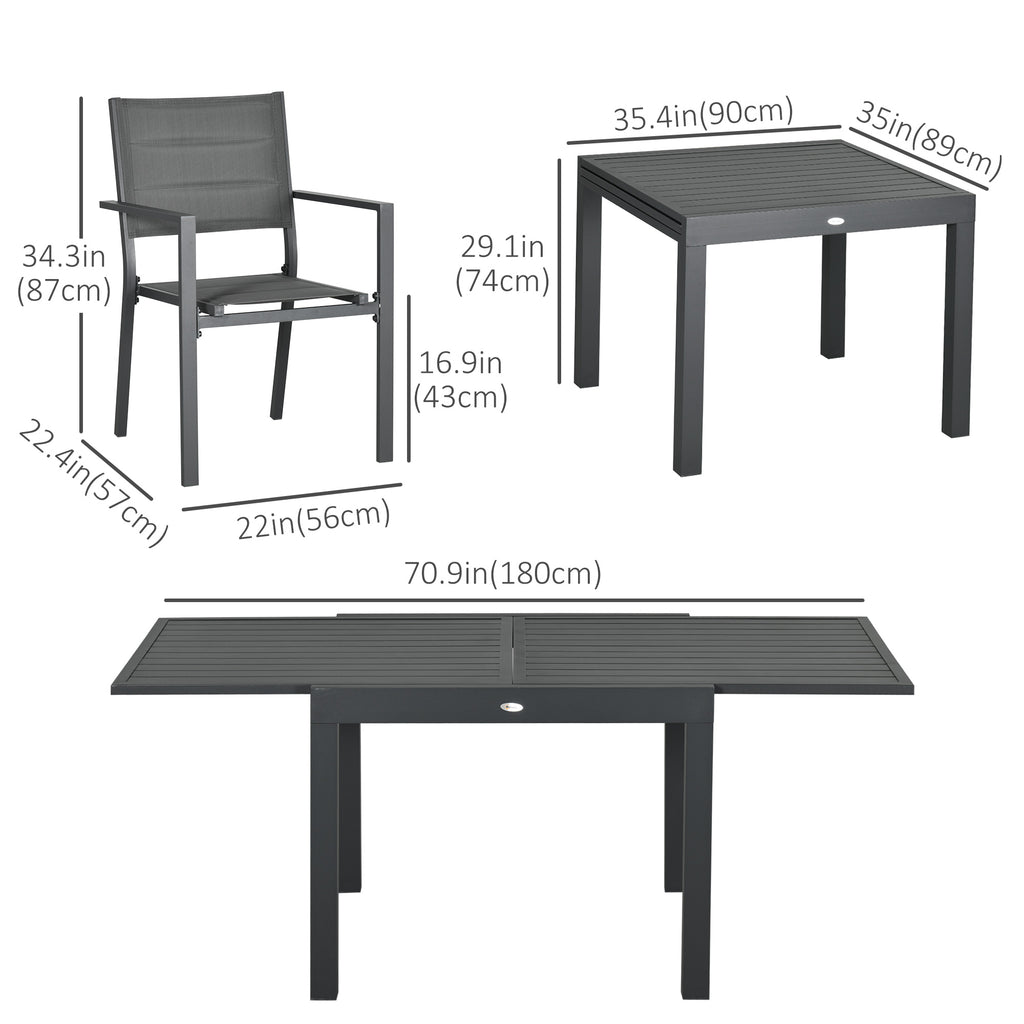 Patio Dining Set for 6, Aluminum Expandable Outdoor Table and 6 Stackable Chairs with Padded Back, Mesh Seat, Dark Grey