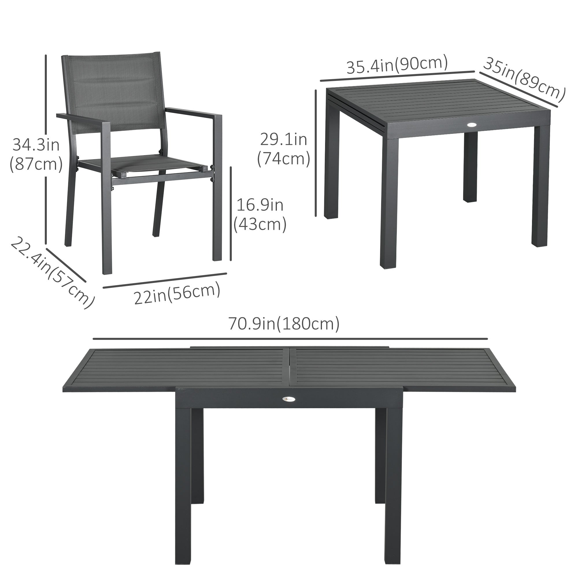 Patio Dining Set for 6, Aluminum Expandable Outdoor Table and 6 Stackable Chairs with Padded Back, Mesh Seat, Dark Grey