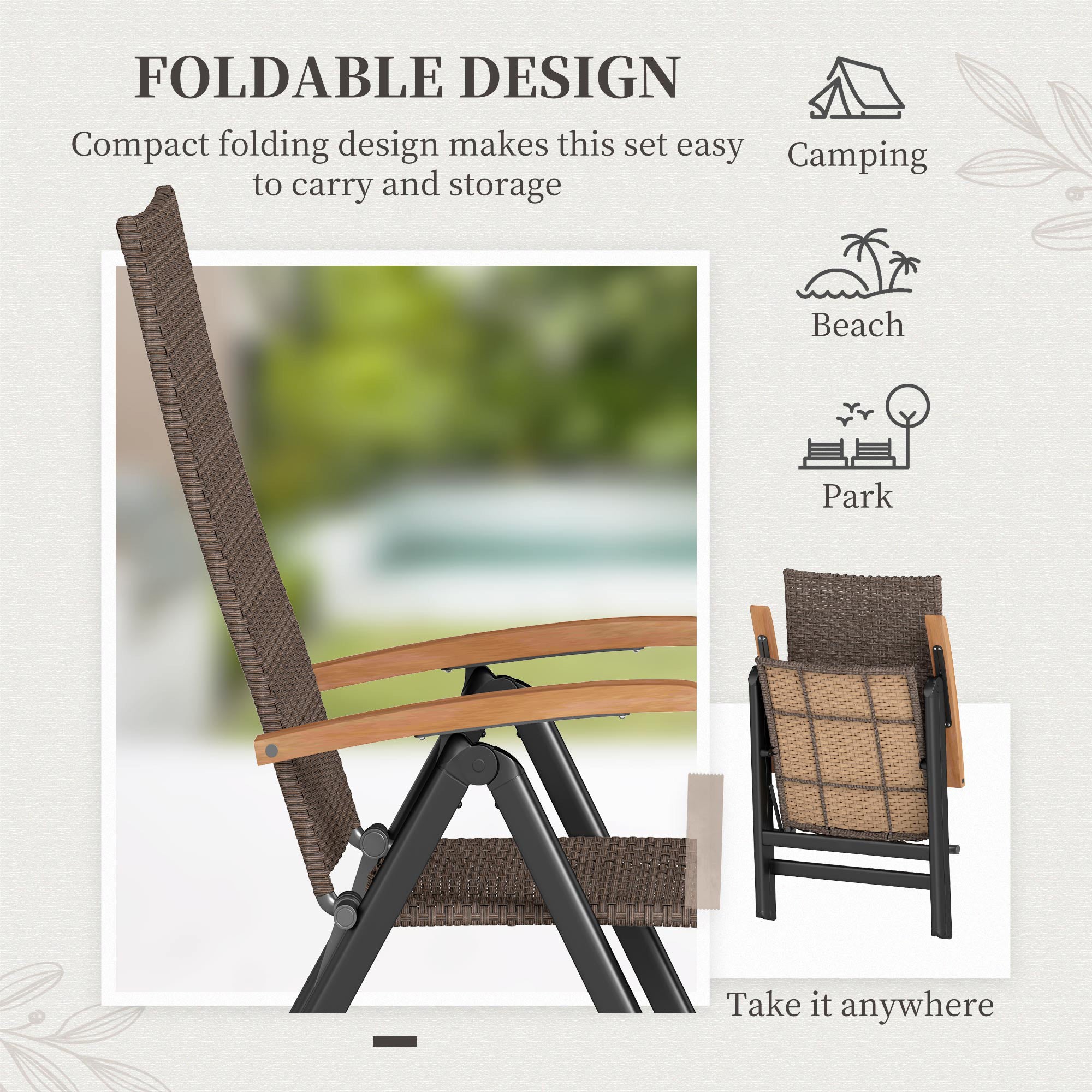 Folding Wicker Patio Dining Chair with 5-level Reclining Back, Wooden Armrests for Outdoor, Garden, Backyard, Brown