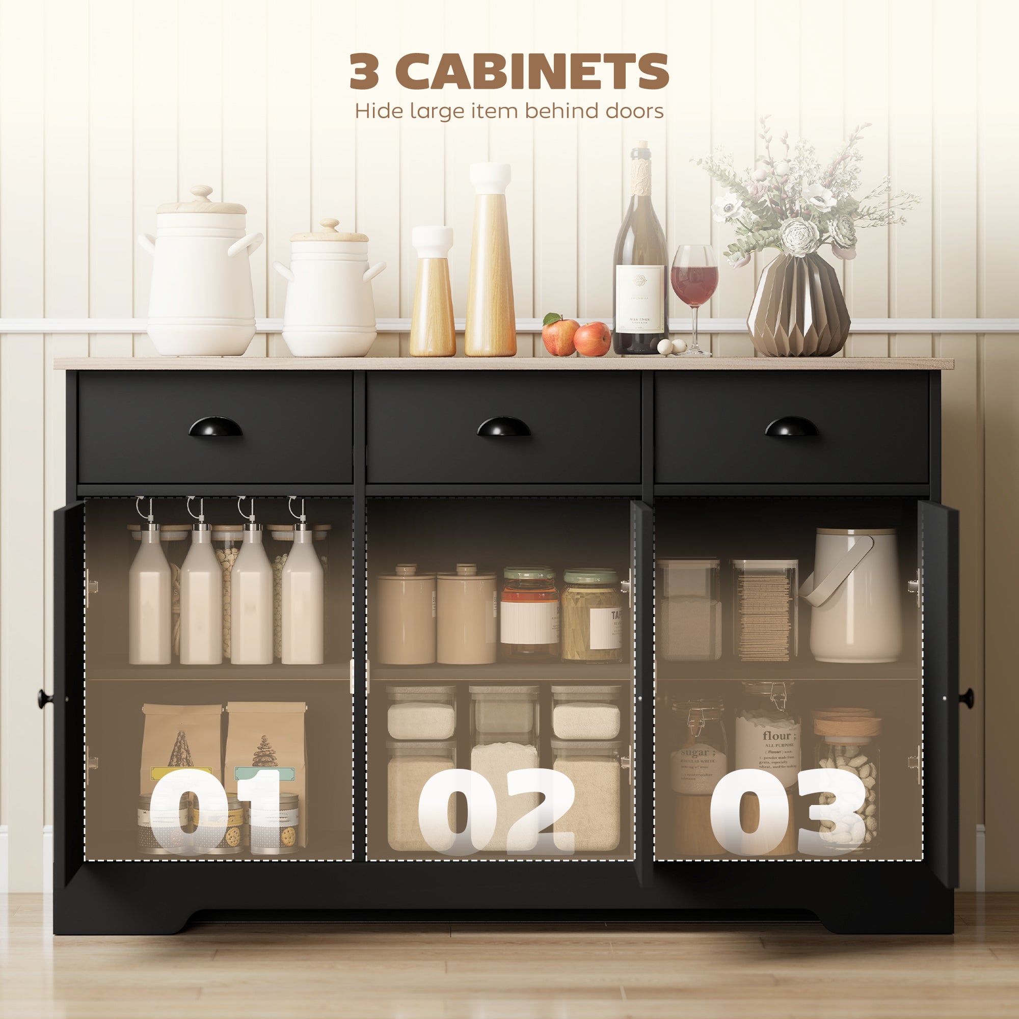 46.5" Buffet Cabinet, Farmhouse Sideboard with 3 Barn Doors and 3 Drawers for Living Room, Kitchen, Black