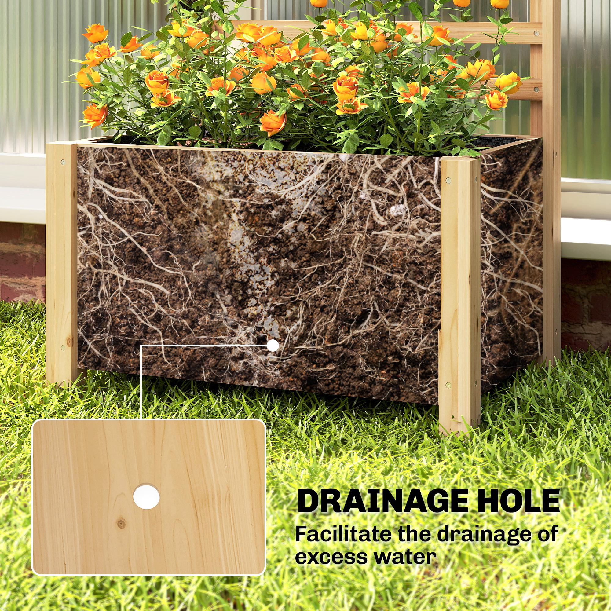 Wooden Raised Garden Bed with Trellis, Outdoor Elevated Planter Box with Drainage Hole and Bed Liner