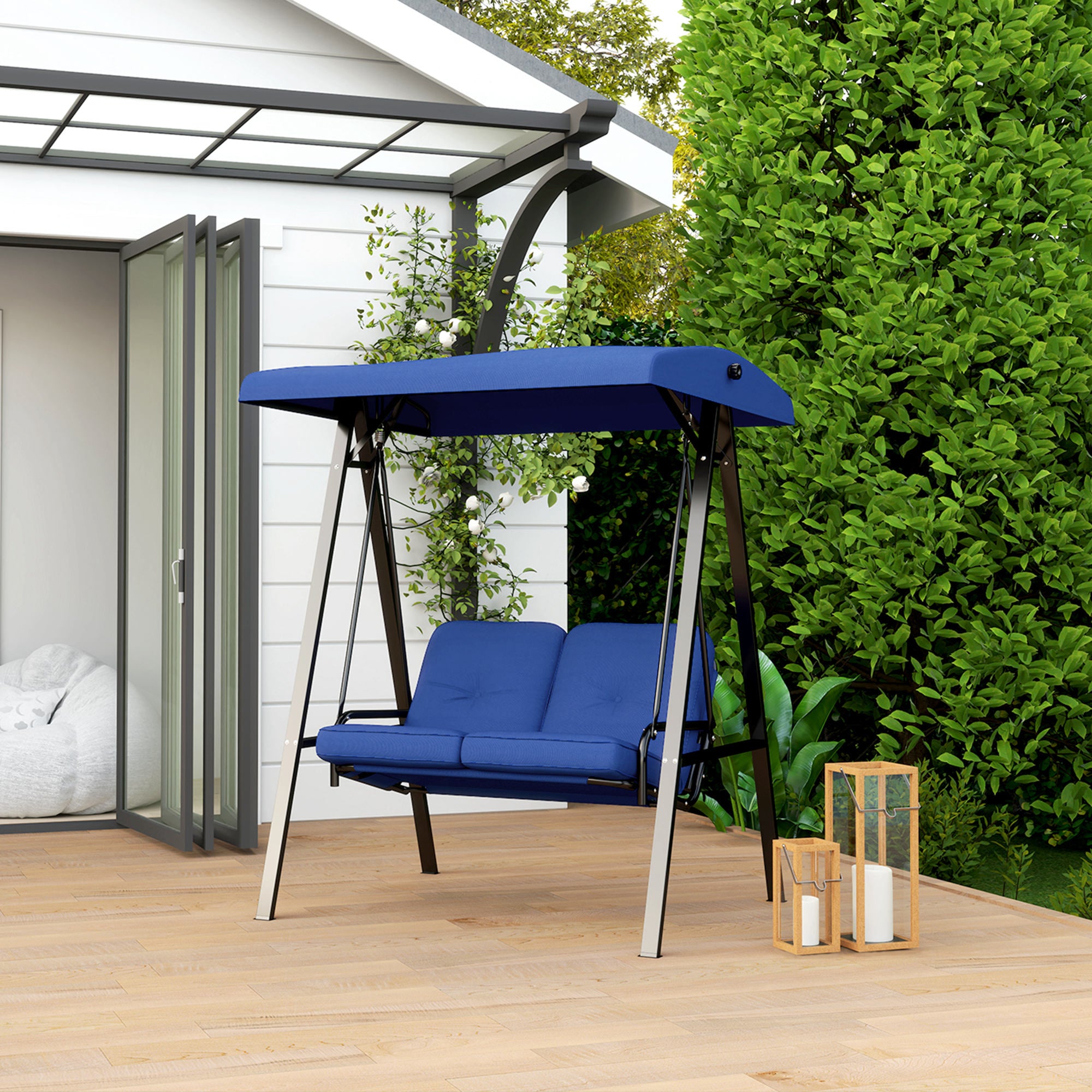 2-Seater Outdoor Porch Swing with Adjustable Canopy, Patio Swing Chair for Garden, Poolside, Backyard, Dark Blue