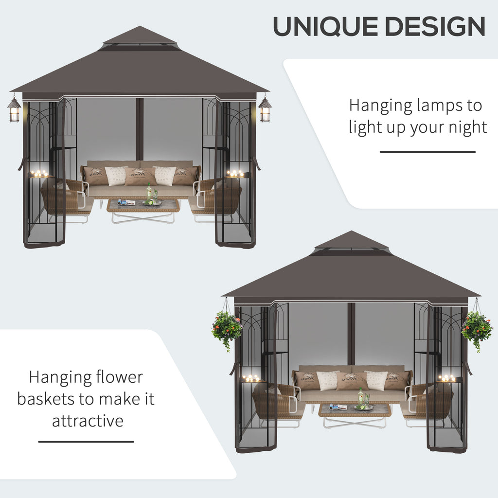 10'x10' Soft-top Patio Gazebo with Double Tier Roof, Mesh Curtains, Display Shelves, Top Hooks, Coffee