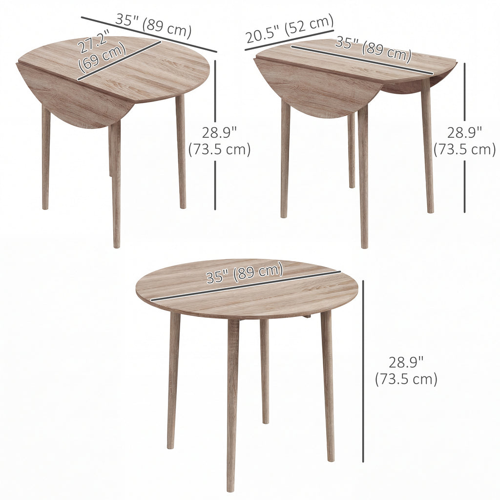 Folding Dining Table, Round Drop Leaf Kitchen Table for Small Spaces with Wood Legs, Oak