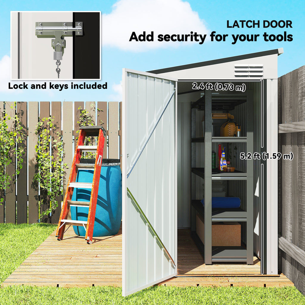 4' x 8' Outdoor Storage Shed Lean to Shed Outdoor Metal Tool Shed with Lockable Door and Air Vents, White
