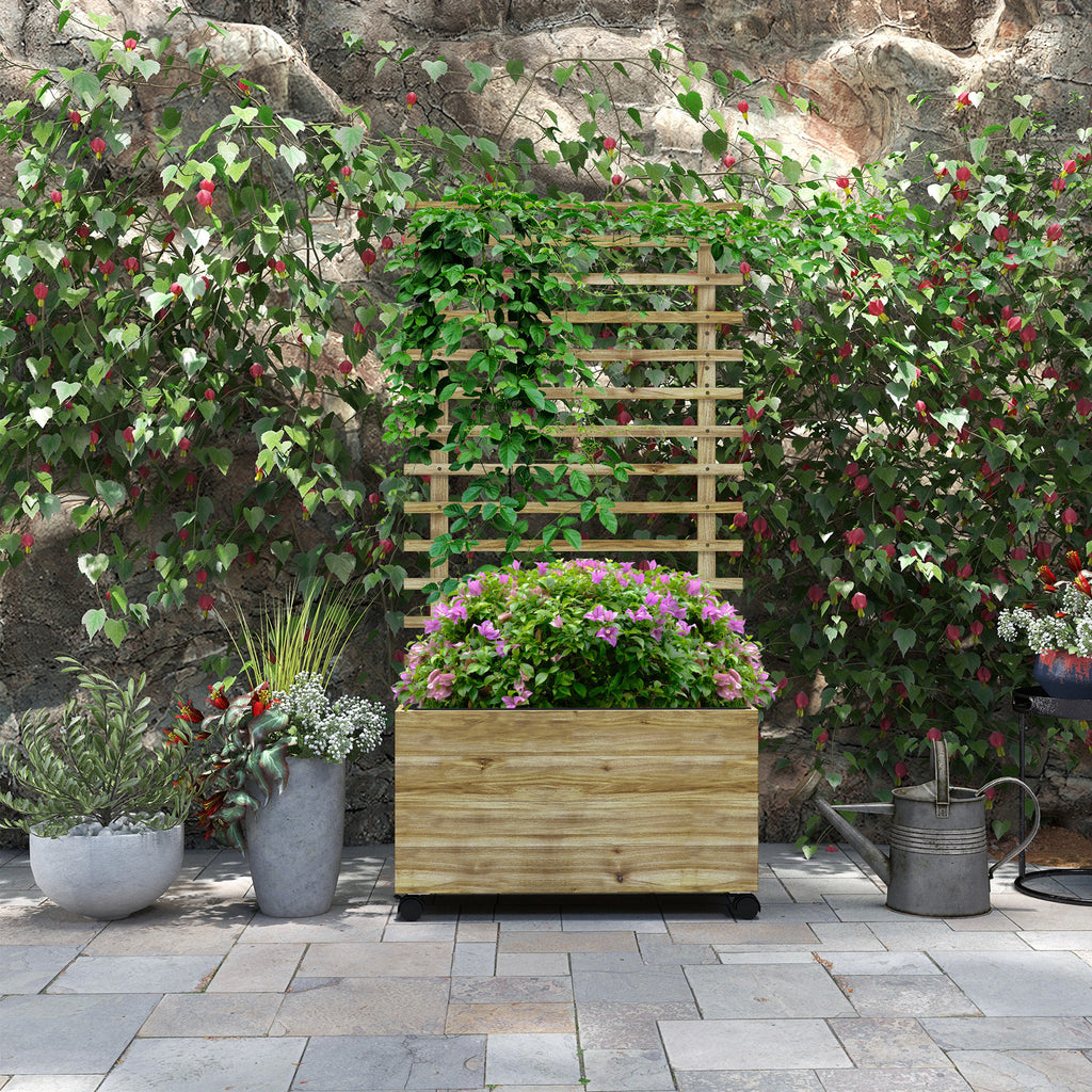 Wooden Planter with Trellis, Raised Garden Bed with 4 Wheels for Climbing Plants, 30" x 12" x 61", Nature Wood