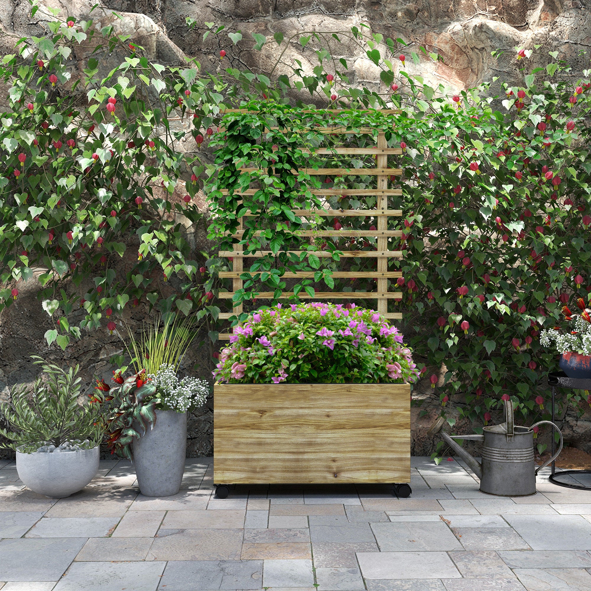 Wooden Planter with Trellis, Raised Garden Bed with 4 Wheels for Climbing Plants, 30" x 12" x 61", Nature Wood