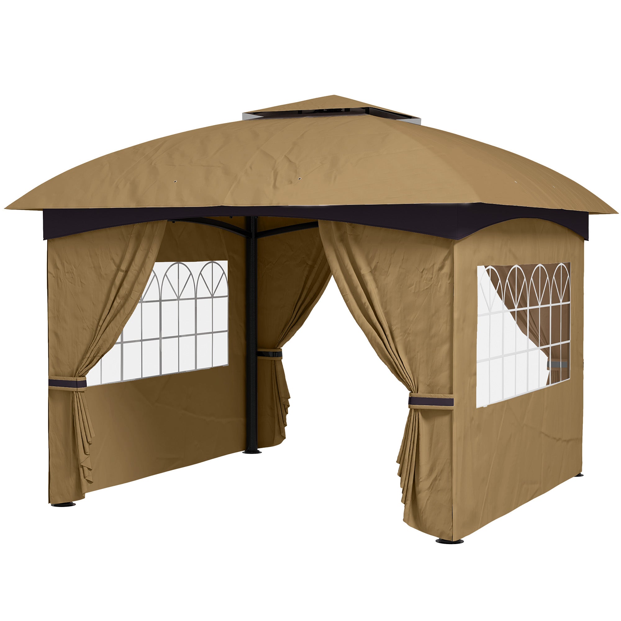 11' x 11' OutdoorÂ Gazebo,Â DoubleÂ Roof Patio Gazebo Canopy with Curtains, Church Windows, Galvanised Steel Frame, Beige