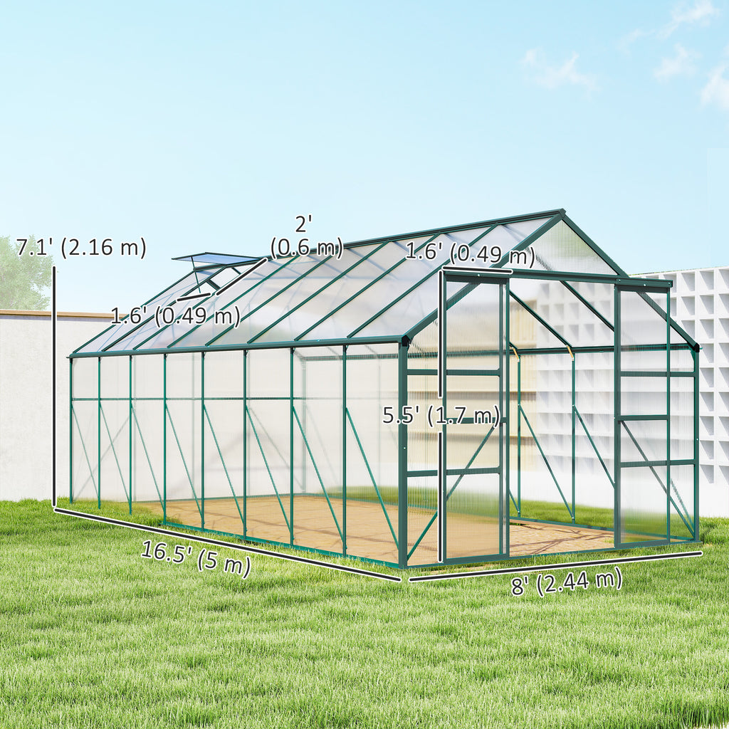 16' x 8' Aluminum Polycarbonate Greenhouse Walk-in Garden Greenhouse Kit with Adjustable Roof Vent, Rain Gutter and Sliding Door for Winter, Green