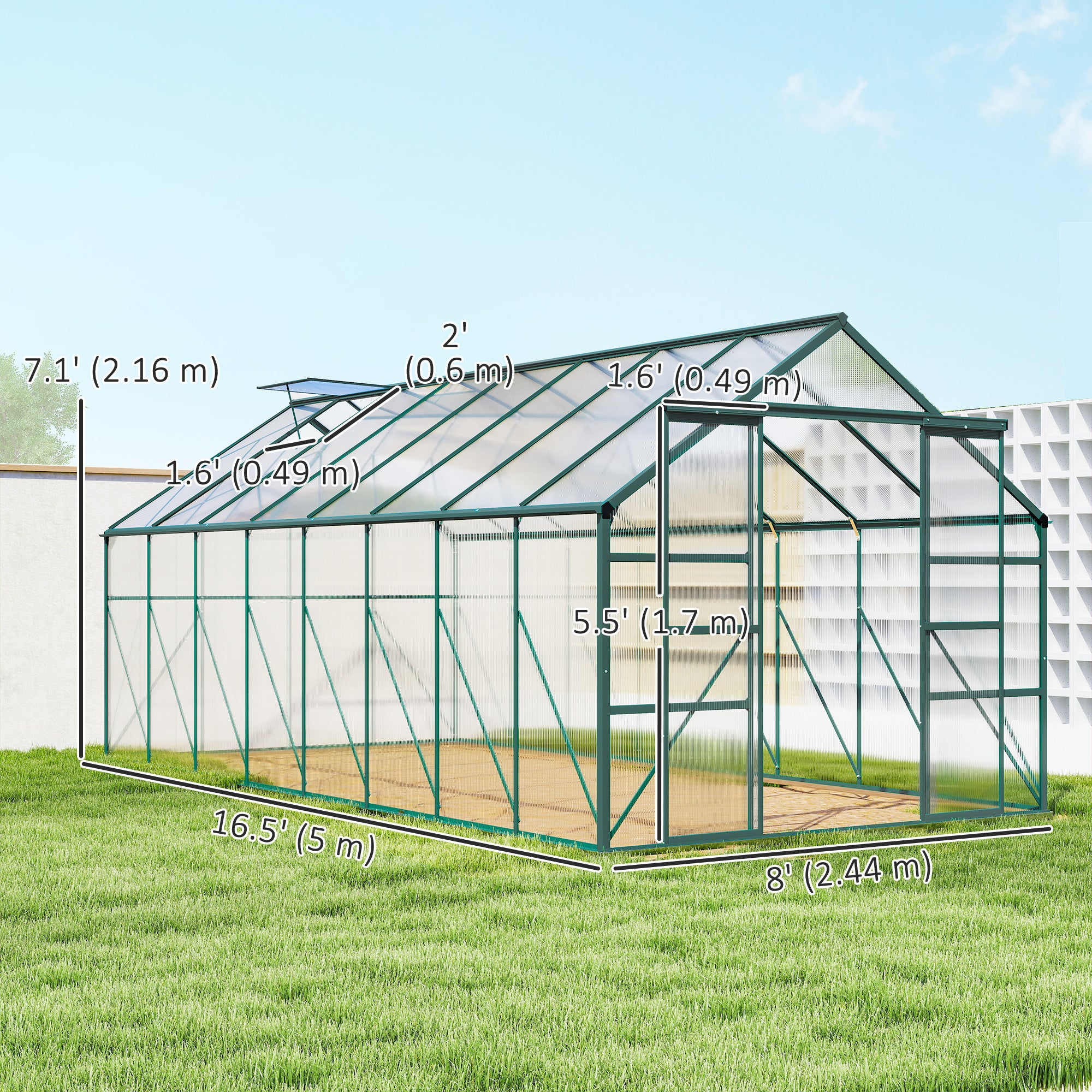 16' x 8' Aluminum Polycarbonate Greenhouse Walk-in Garden Greenhouse Kit with Adjustable Roof Vent, Rain Gutter and Sliding Door for Winter, Green