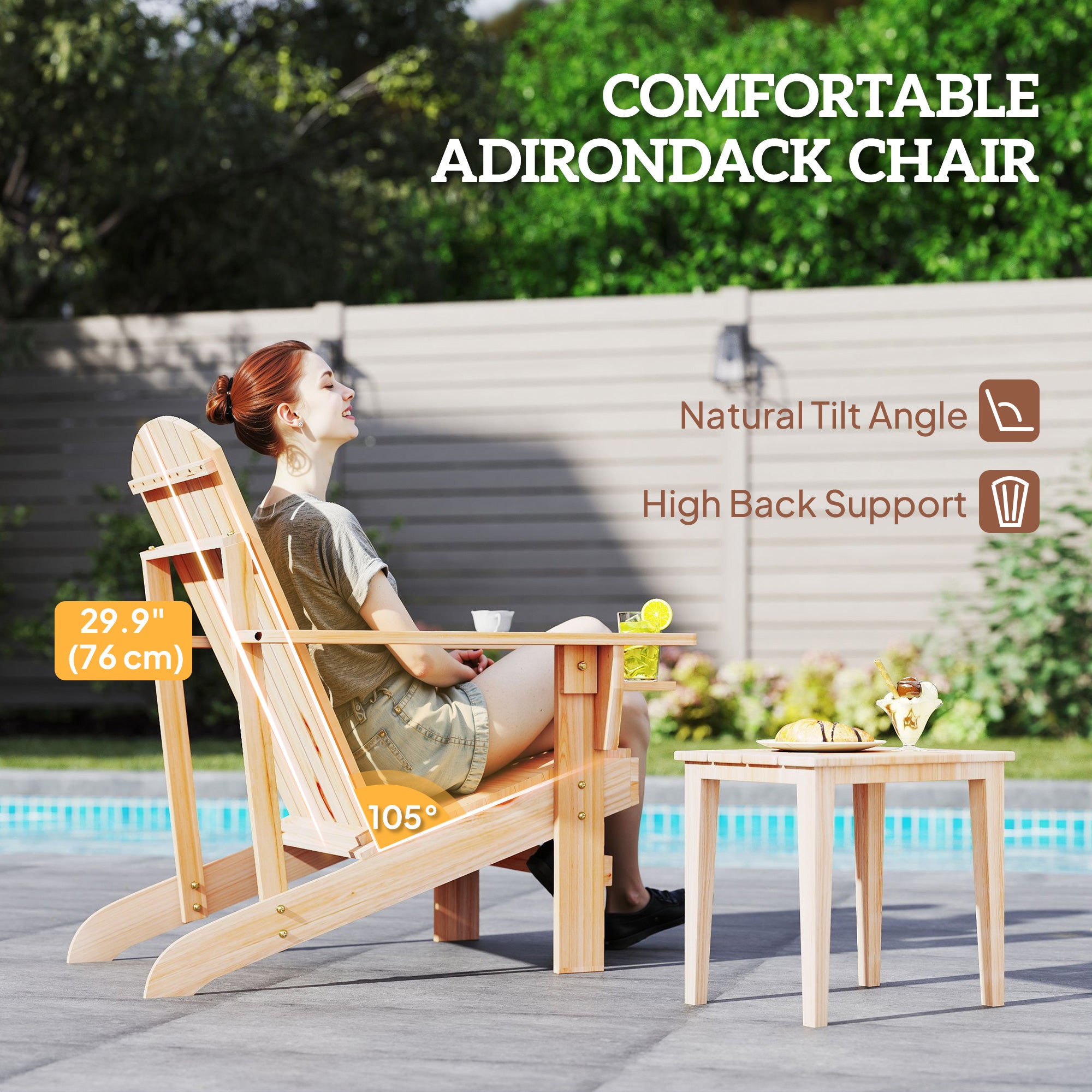 Classic Adirondack Chair Muskoka Chair, Garden Deck Chair with Cup Holder for Patio, Indoor, Backyard, Natural