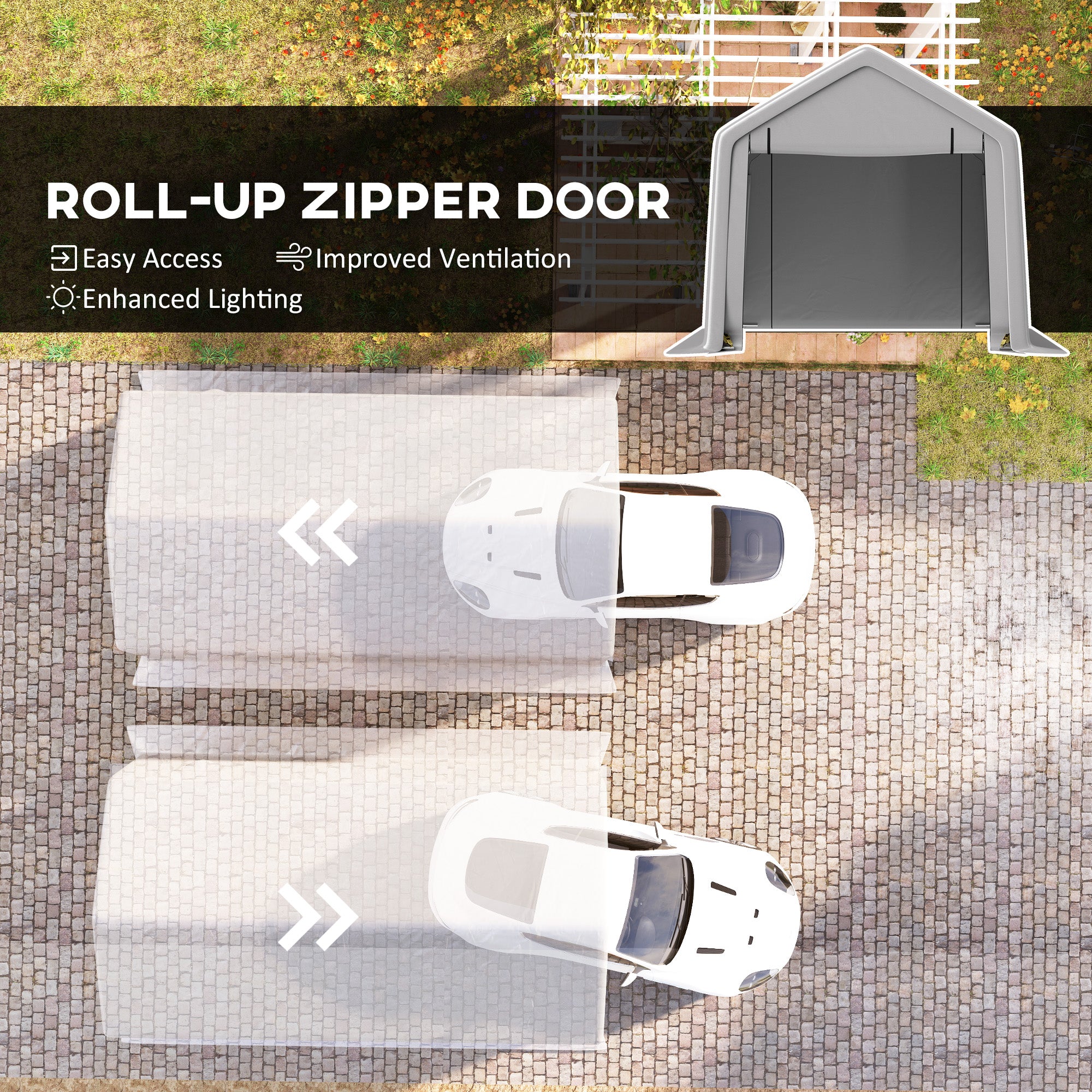 Heavy Duty Carport, 10 x 17 ft Portable Garage with Roll-up Zipper Door for Motorcycle Garden Storage, Grey