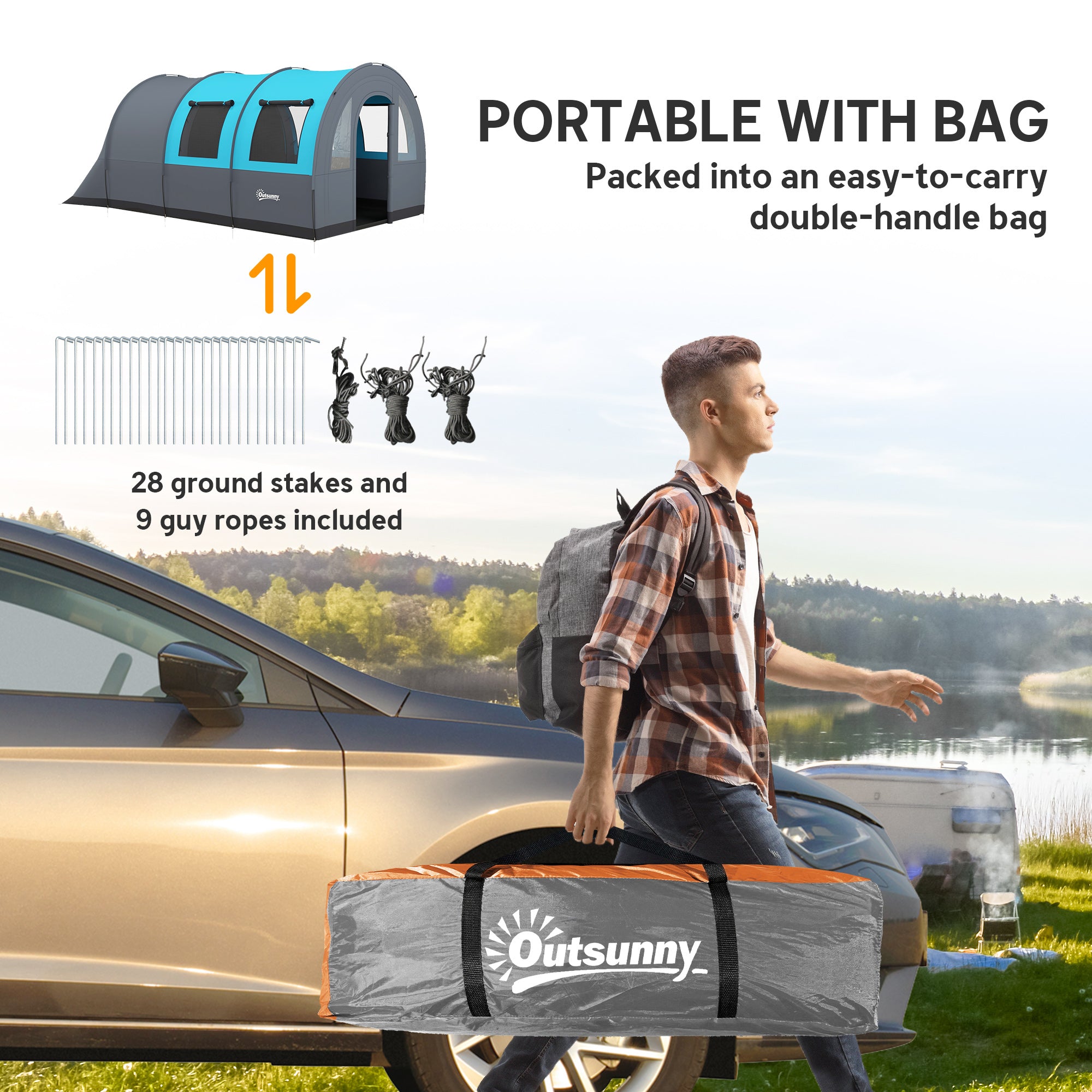 3 Person Camping Tent with Living Room and Bedroom, 3000mm Waterproof Tunnel Large Family Tent, Grey and Blue