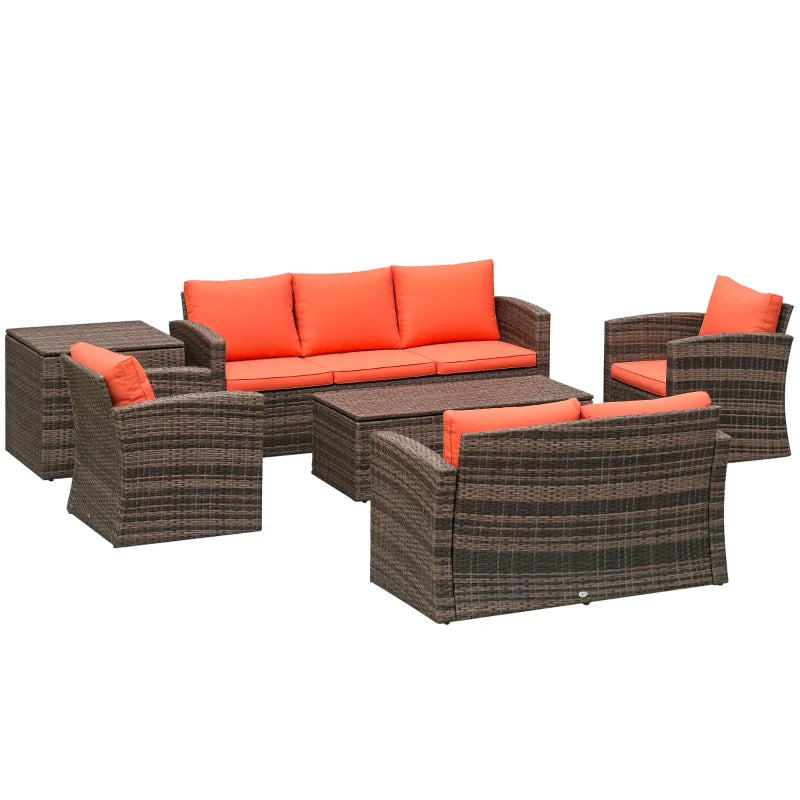 Beige outdoor wicker patio furniture set with loveseat, chairs and 2-tier table