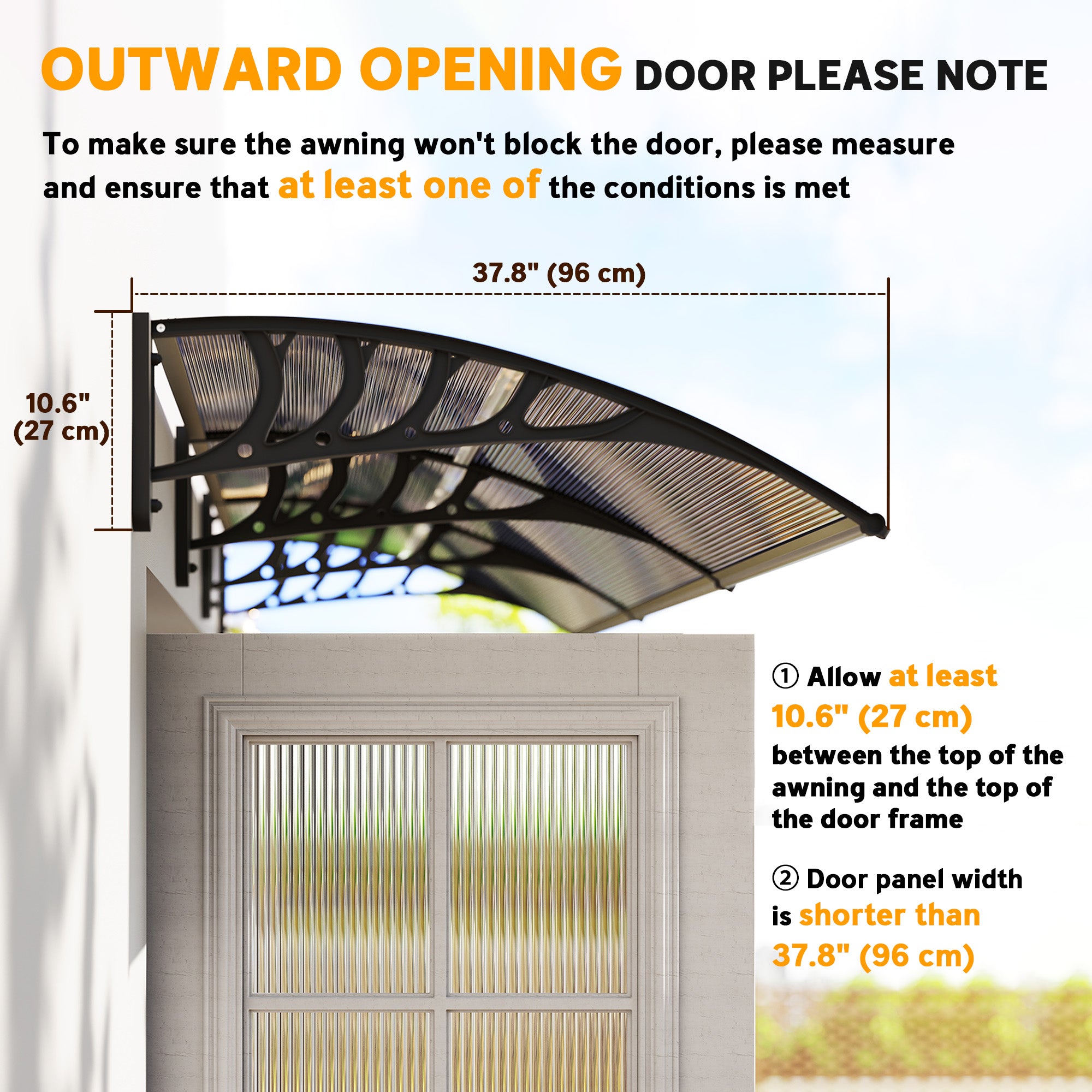 Awning Door Canopy, 120" x 40" Polycarbonate Front Door Outdoor Patio Cover for UV Protection, Brown