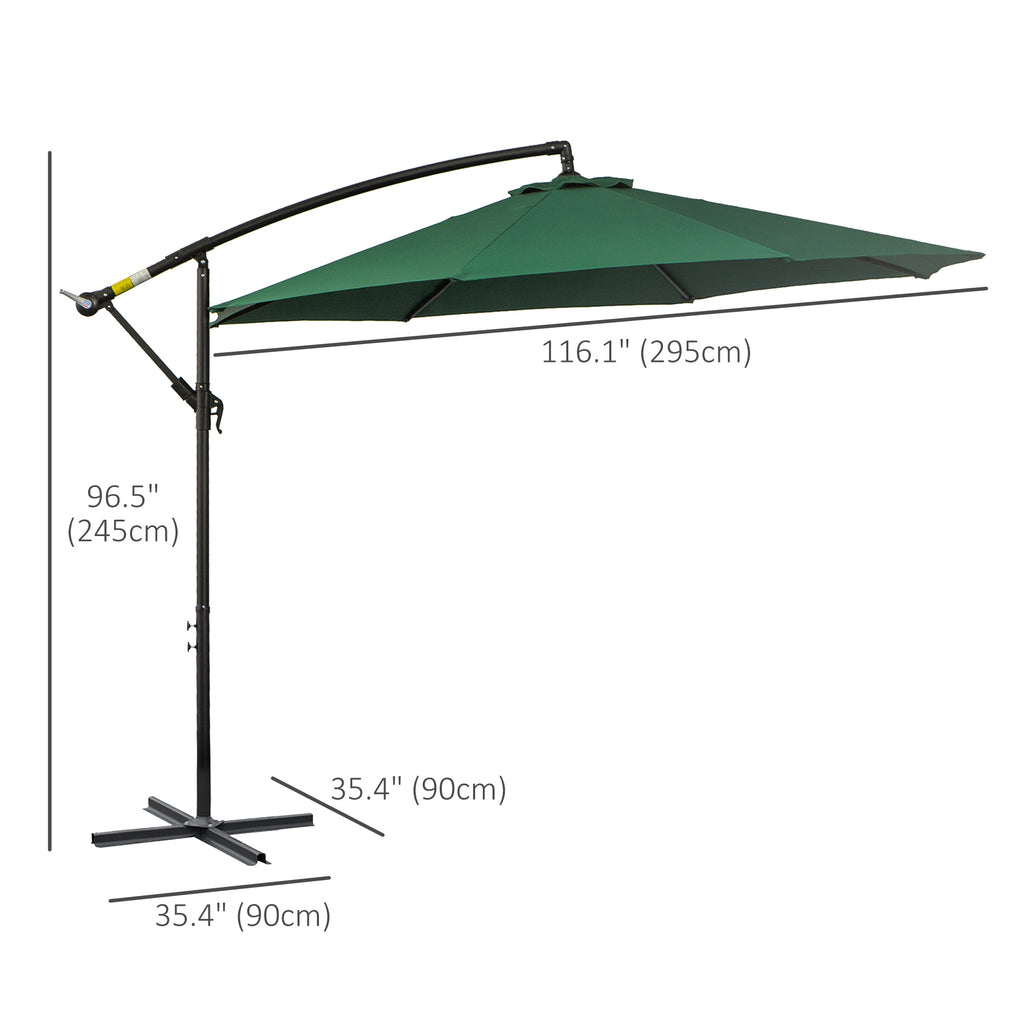 9.7ft Offset Patio UmbrellaCantilever Parasol with Crank Handle, 8 Ribs and Cross Base for Outdoor, Sun Shade, Green