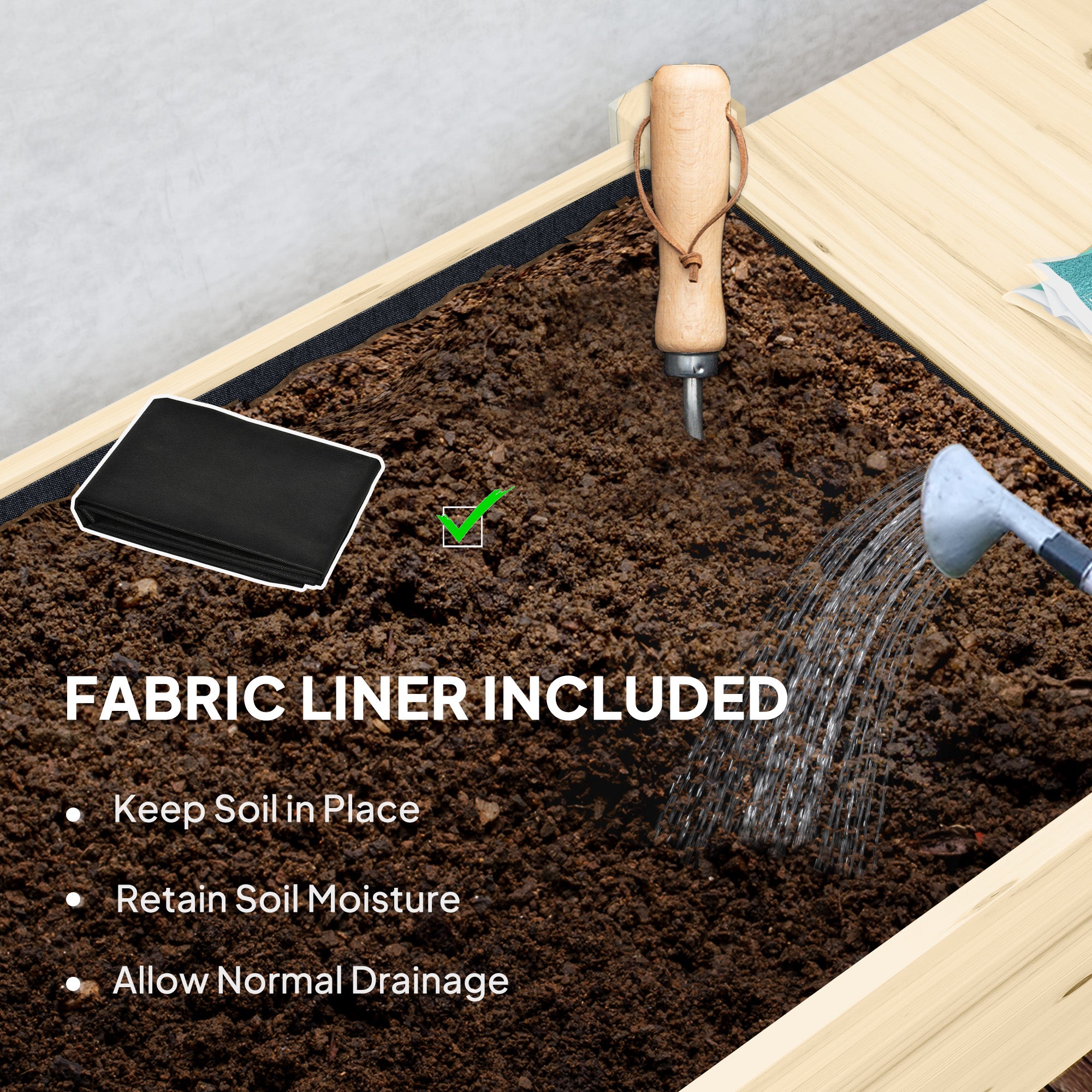 Raised Garden Bed, Wood Planter Box with Lockable Wheels, Side Tables, Bottom Shelf, Bed Liner, Drain Holes, Natural