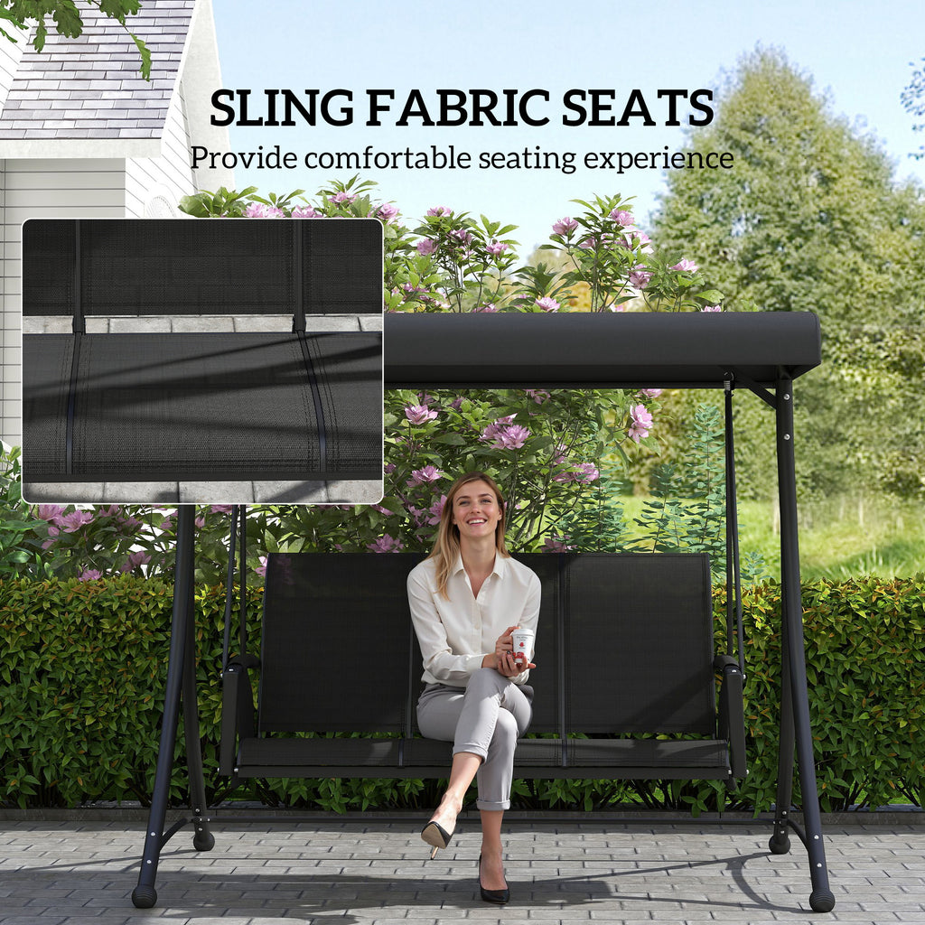 3 Person Outdoor Porch Swing Chair with Adjustable Canopy, Black