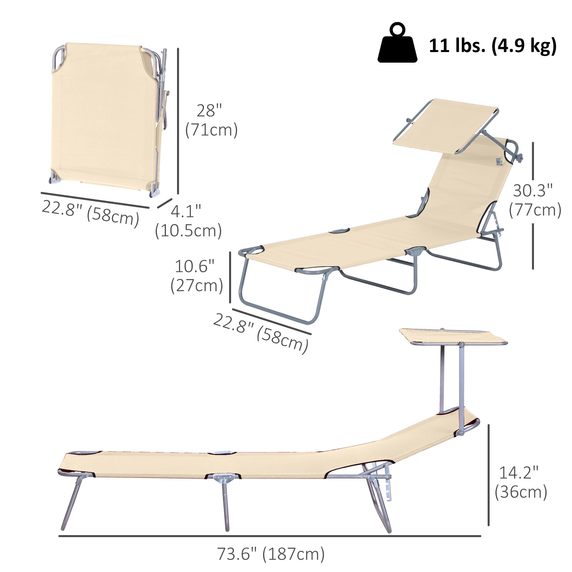 Outdoor Lounge Chair with Sun Shade for Beach, Camping, Hiking, Backyard, Beige
