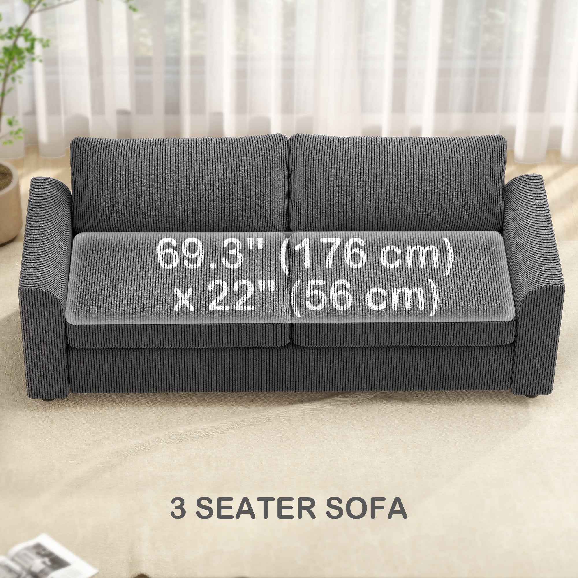 3 Seater Sofa, 83.5" Modern Upholstered Couch with Pocket Spring and 2 Scatter Cushions for Living Room, Dark Grey
