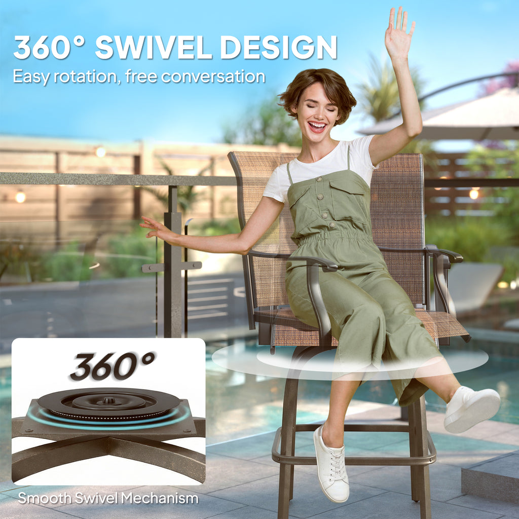 Outdoor Bar Stools Set of 2, Swivel Bar Height Chairs with High Back, Curved Armrests and Steel Frame for Balcony, Brown
