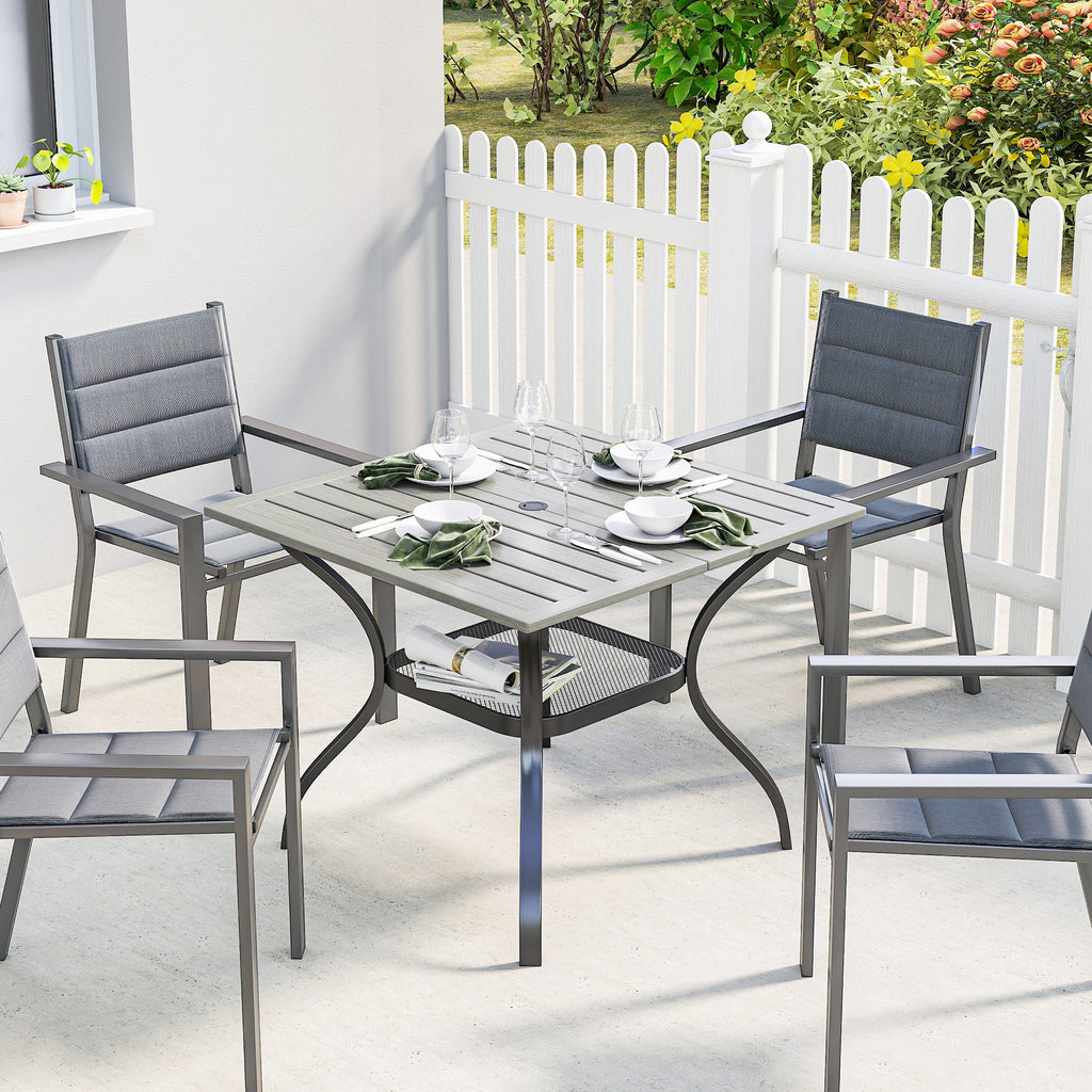 Outdoor Dining Table for 4, Square Patio Table with Umbrella Hole, Shelf, Slatted Faux Wood Steel Top, Grey