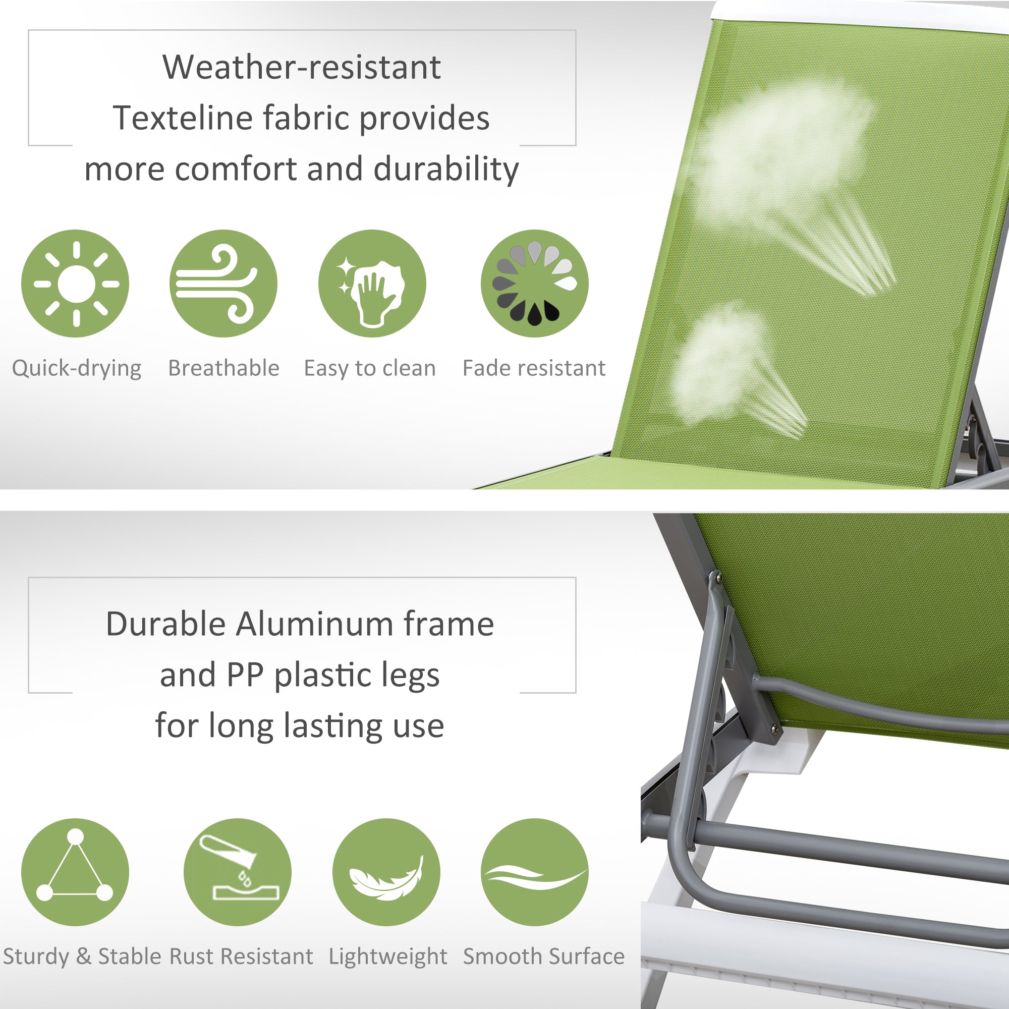 Outdoor Chaise Lounge Chair, Patio Aluminum Tanning Chair with 5-Level Adjustable Back, Portable Wheels, Breathable Mesh Fabric, for Pool, Deck, Garden, Green