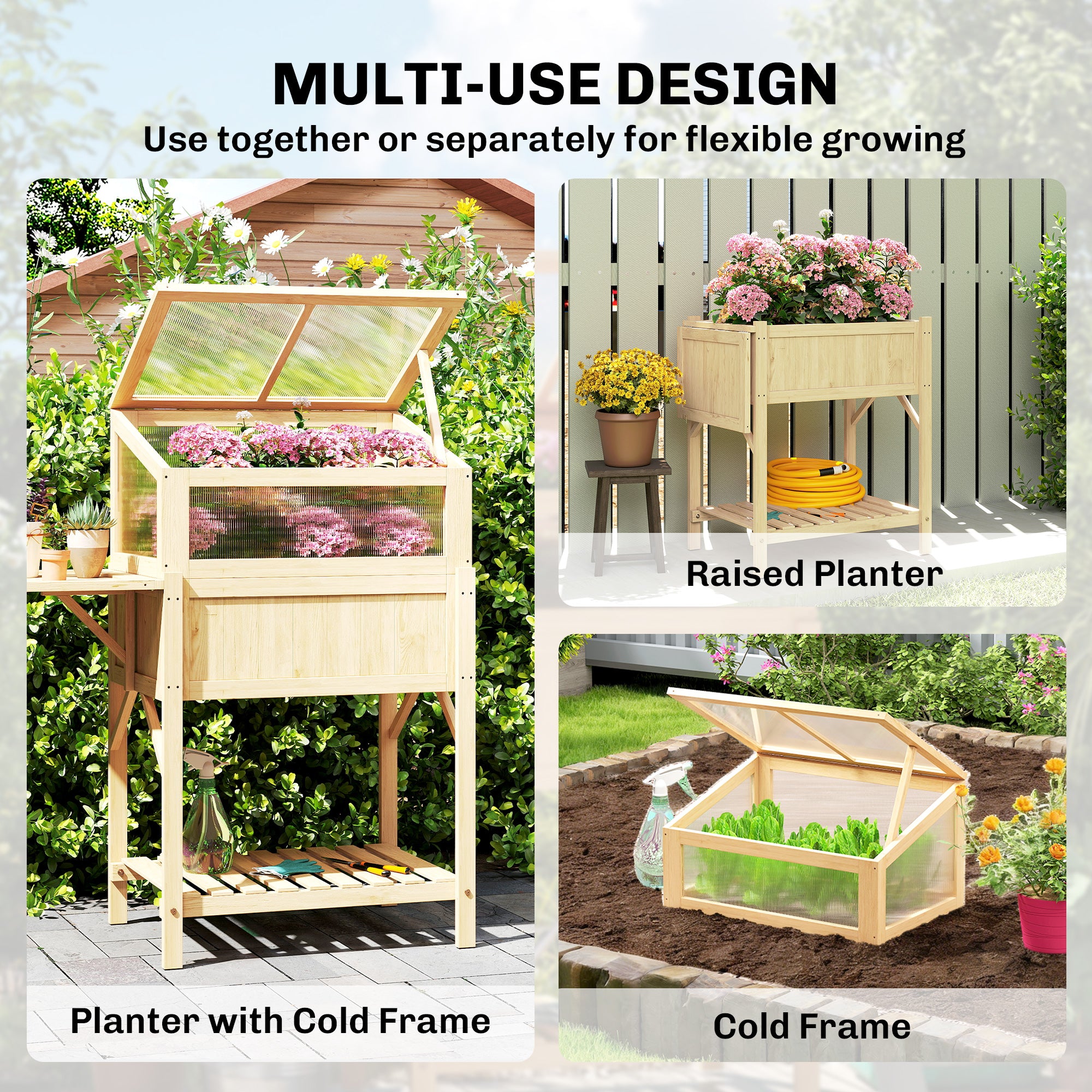 Raised Garden Bed Planter with Cold Frame, Wooden Elevated Planter Box with Folding Side Table and Shelf, Natural Wood