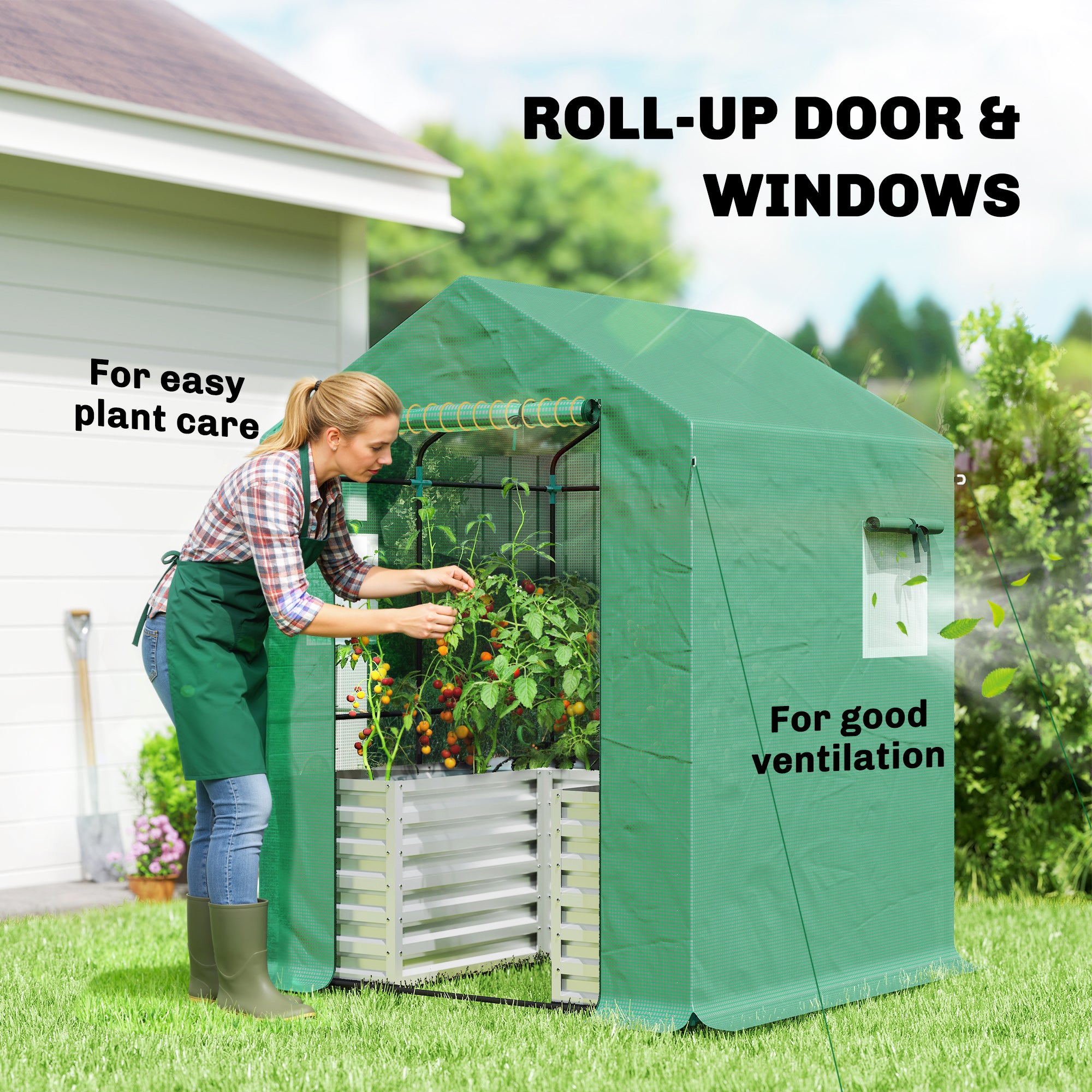 Greenhouse with Raised Garden Bed, Galvanized Metal Planter Box with PE Cover, Roll Up Door, 56" x 56" x 75", Green