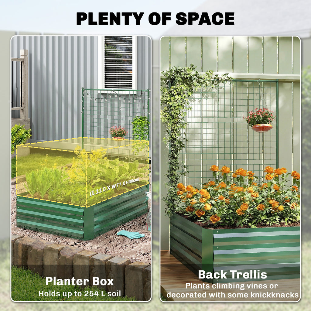 Galvanized Raised Garden Bed with Trellis for Climbing Plants, Outdoor Planter Box with Open Bottom, Green