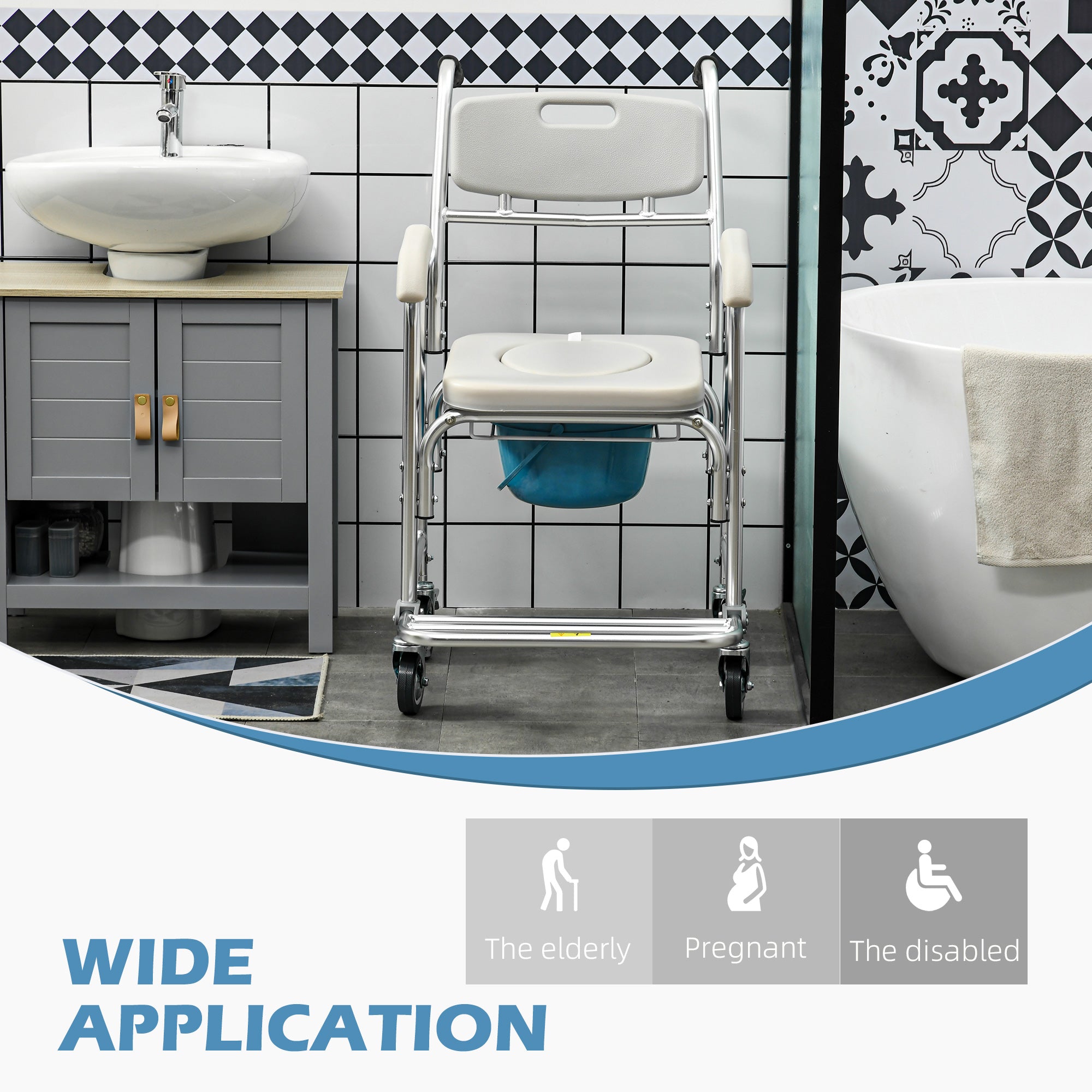 3-in-1 Shower Commode Wheelchair, Transport Beside Commode Chair with Padded Seat for the Elderly, Disabled