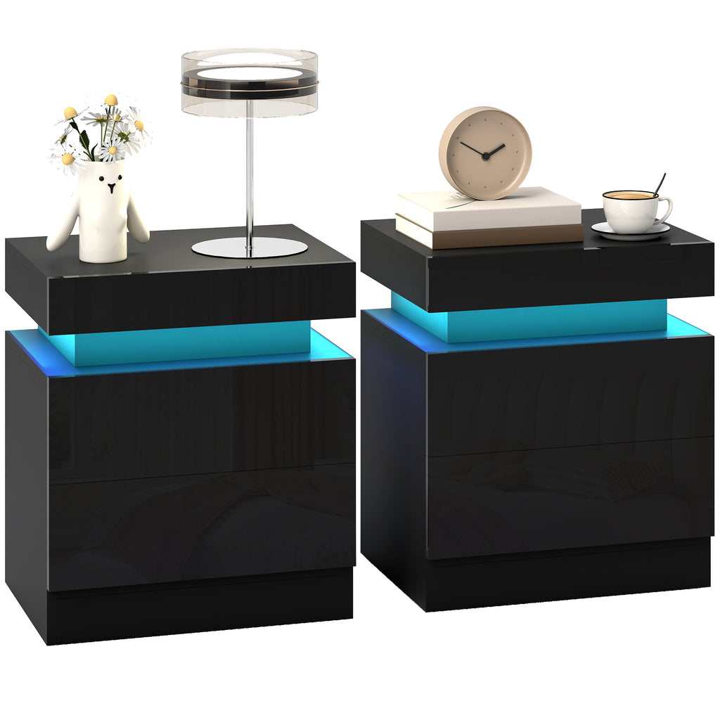 Nightstand Set of 2, End Side Tables with LED Lights, Bedside Tables with 2 Drawers, for Bedroom, Black