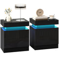 Nightstand Set of 2, End Side Tables with LED Lights, Bedside Tables with 2 Drawers, for Bedroom, Black