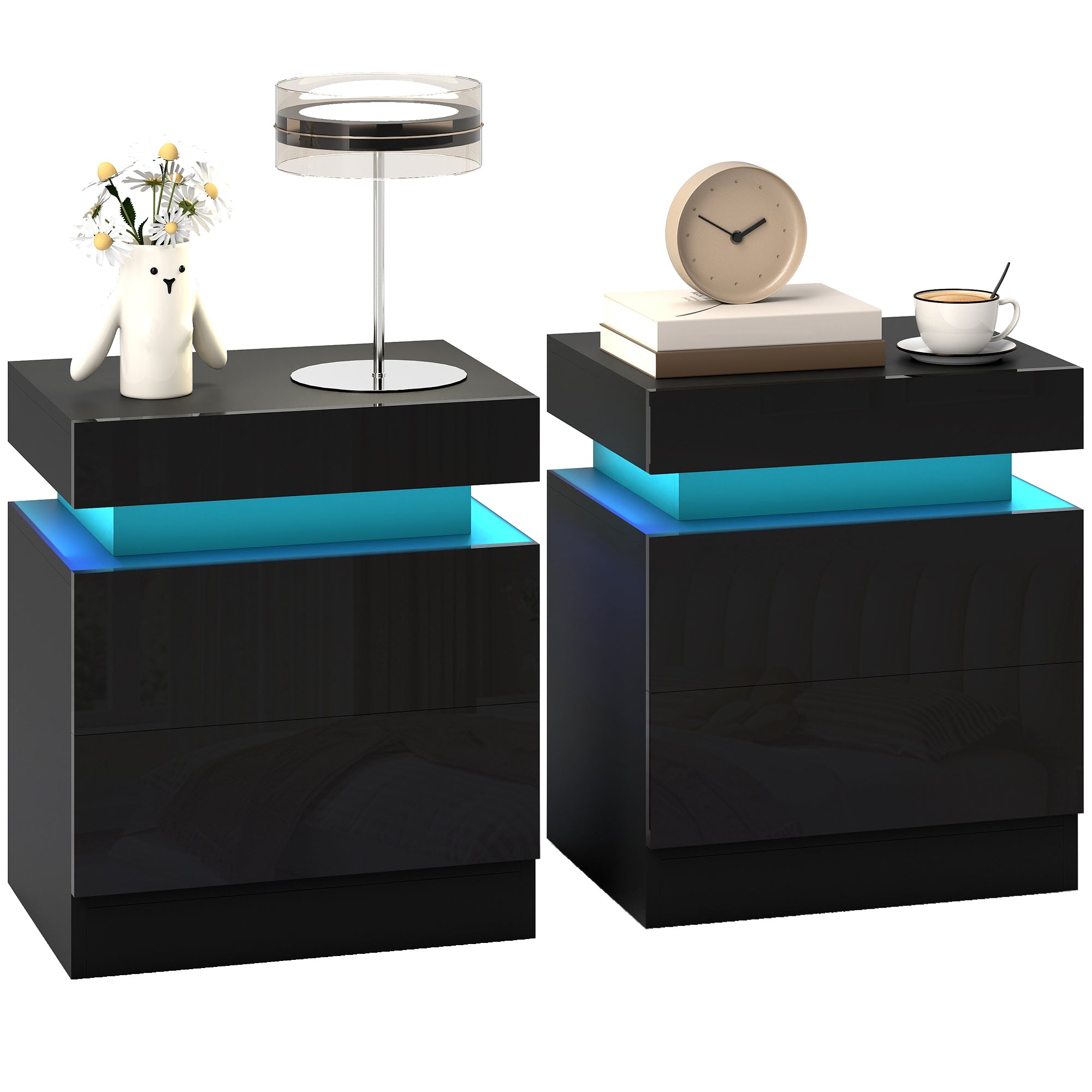 Nightstand Set of 2, End Side Tables with LED Lights, Bedside Tables with 2 Drawers, for Bedroom, Black
