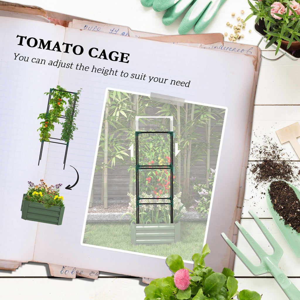 Galvanized Planter Box, Outdoor Raised Garden Bed with 3-Tier Trellis Tomato Cage for Climbing Vines, Vegetables, Green