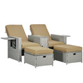 5PC Wicker Patio Lounger, Outdoor PE Rattan 5-level Adjustable Recliner Sofa Bed with Storage Side Table and Footstools, for Patio, Garden, Poolside, Khaki