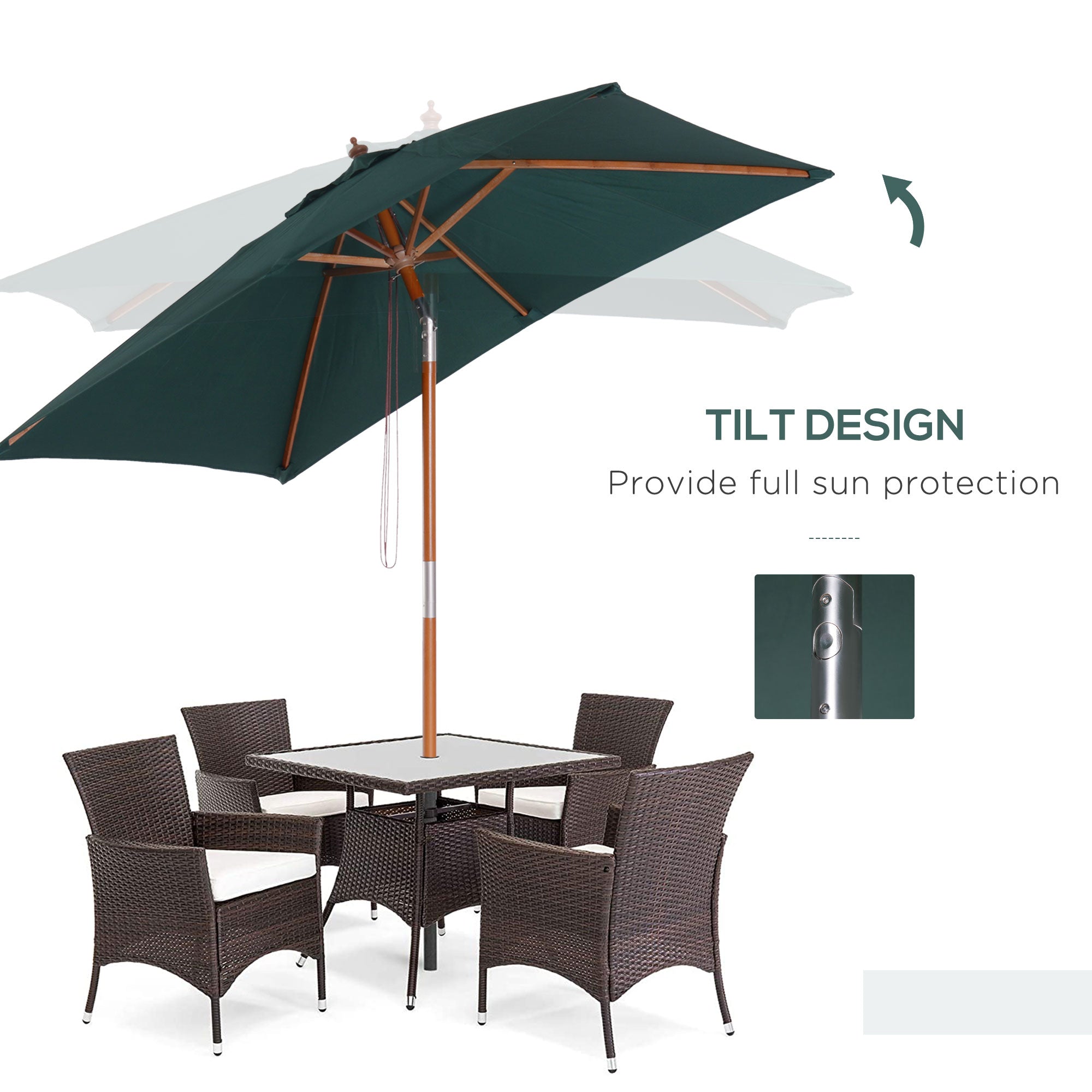 6.6x5ft Square Market Parasol, Wooden Patio Umbrella with Tilt Mechanism and 6 Bamboo Ribs, Garden Sunshade, Green