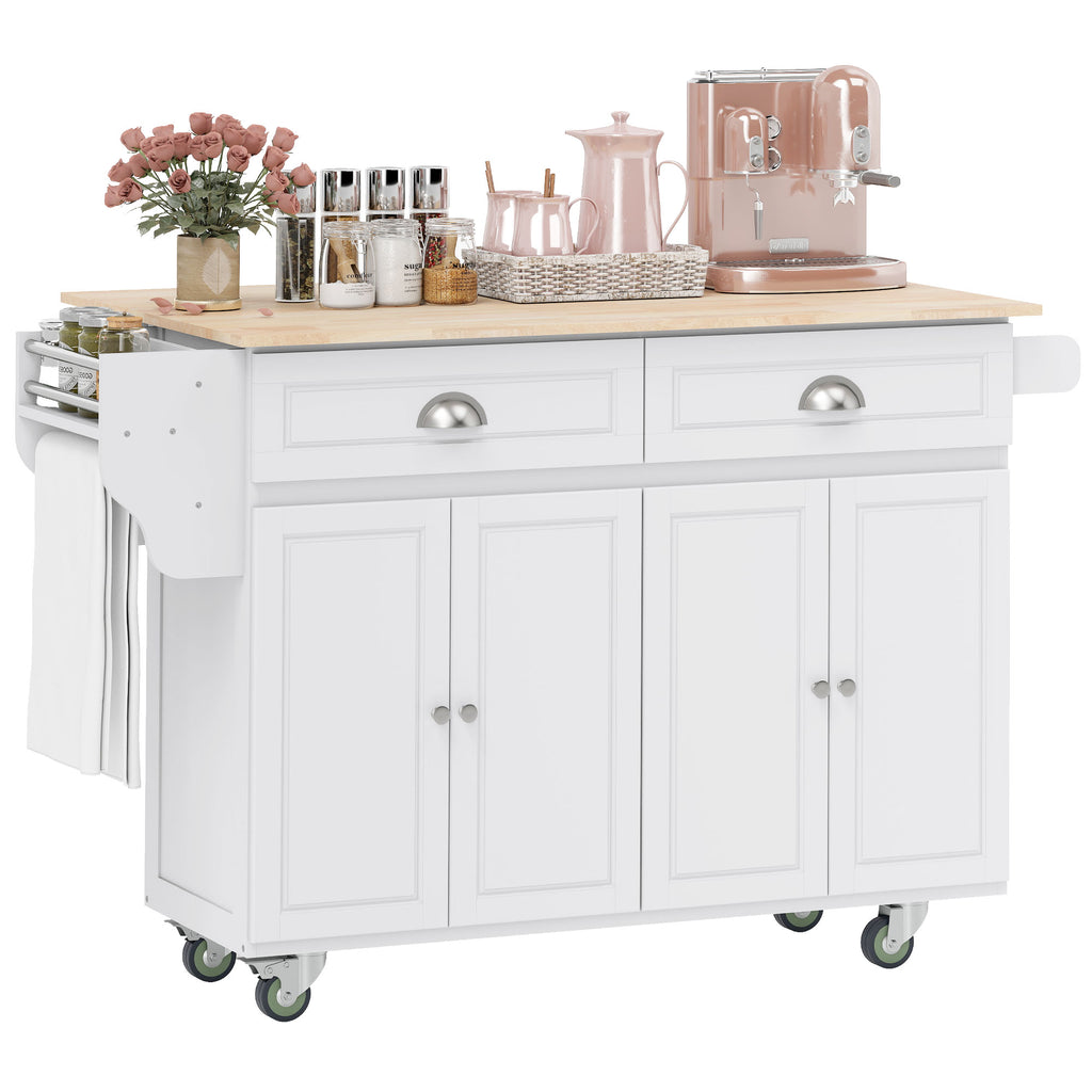 Kitchen Island with Storage, Rolling Kitchen Island with Drop Leaf, Rubber Wood Top and Adjustable Shelves, White