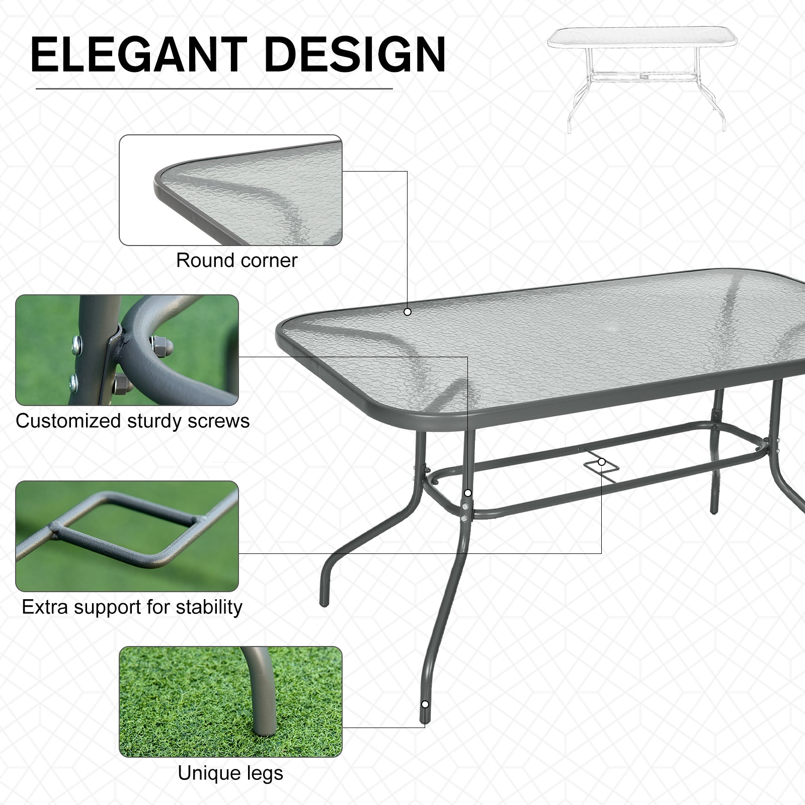 Metal Garden Dining Table with Umbrella Hole, Outdoor Patio Table with Tempered Glass Top, 55" x 31.5"