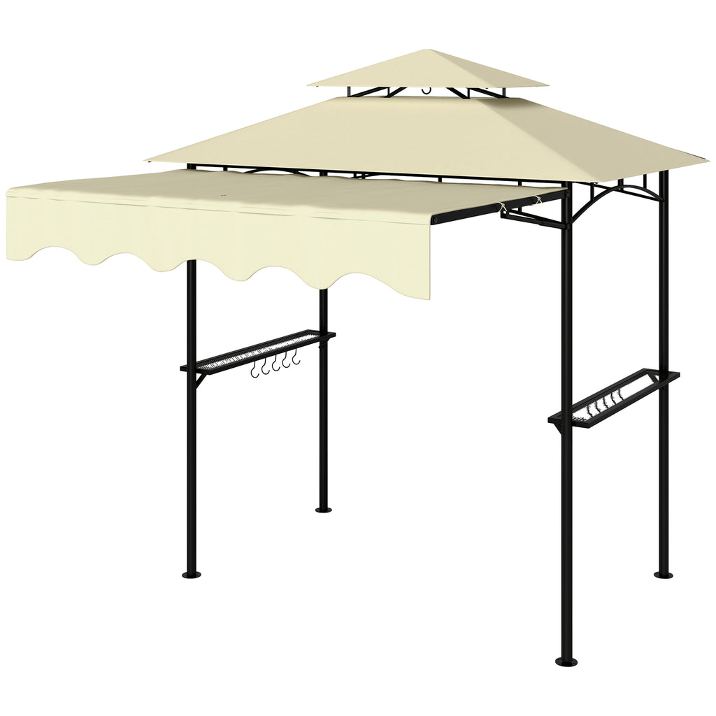 8' x 7.6' Grill Gazebo, Double Tiered Barbecue Grill Gazebo Shelter w/ Side Awning, 2 Side Shelves, 6 Hooks, Beige