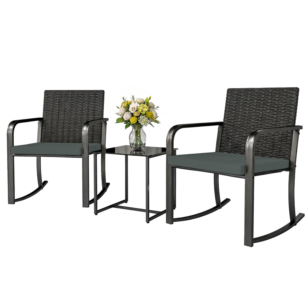 3 Pieces Rocking Bistro Set Outdoor Patio Furniture Set with Cushions, Glass Coffee Table for Balcony, Grey