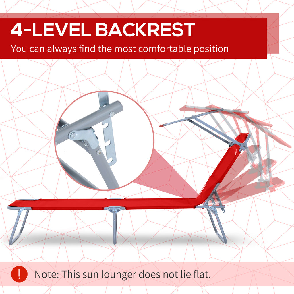 Outdoor Lounge Chair, Adjustable Folding Chaise Lounge, Tanning Chair with Sun Shade for Beach, Camping, Hiking, Backyard, Red