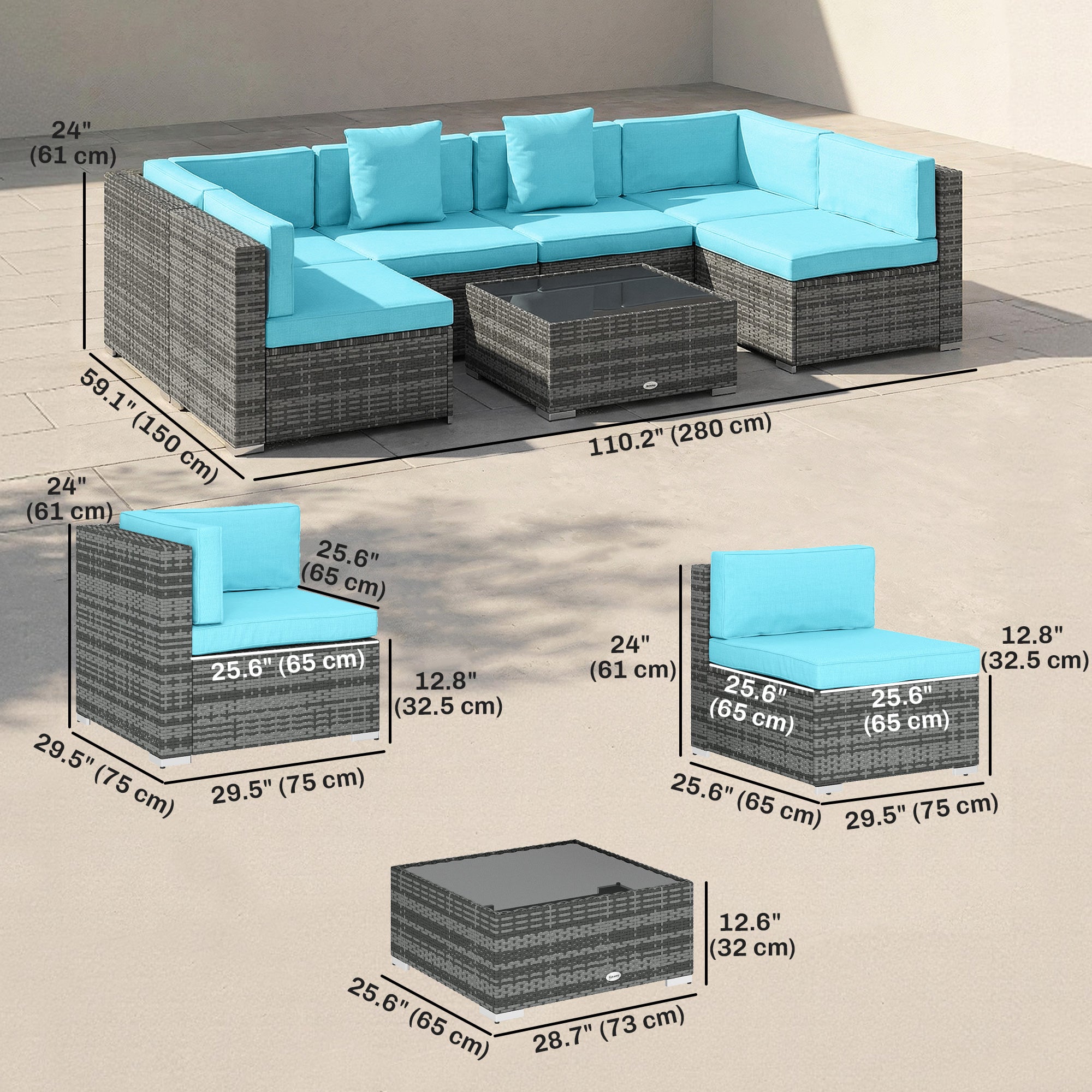 7 Pieces Outdoor Rattan Furniture Set, Patio Wicker Sectional Conversation Sofa Set, Blue