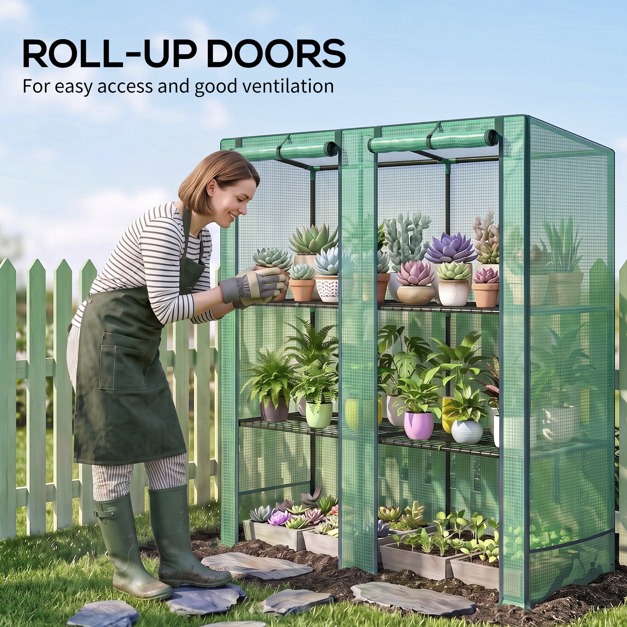 Lean-to Greenhouse with 3 Tier Shelves, Mini Greenhouse with 2 Roll-Up Doors for Indoor Outdoor, Green