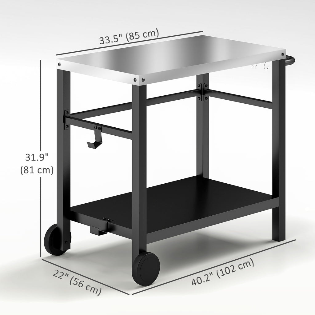Outdoor Grill Dining Cart with Stainless Steel Tabletop, 2-Shelf BBQ Movable Pizza Oven Stand with Wheels, Charcoal Grey