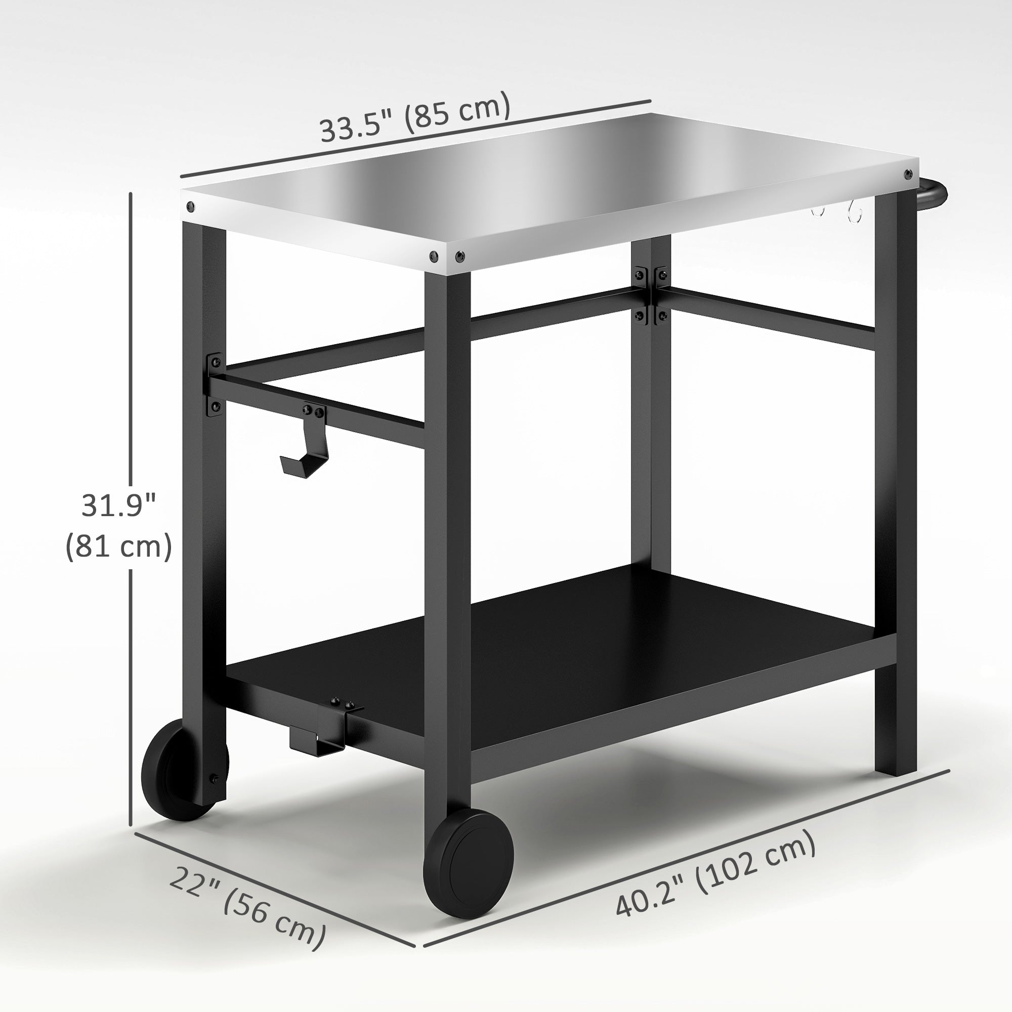 Outdoor Grill Dining Cart with Stainless Steel Tabletop, 2-Shelf BBQ Movable Pizza Oven Stand with Wheels, Charcoal Grey