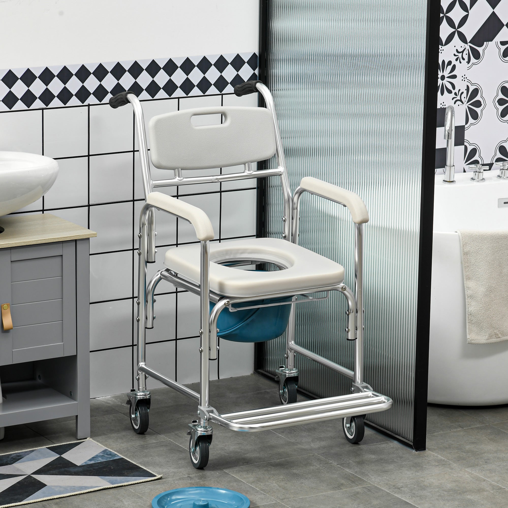 3-in-1 Shower Commode Wheelchair, Transport Beside Commode Chair with Padded Seat for the Elderly, Disabled