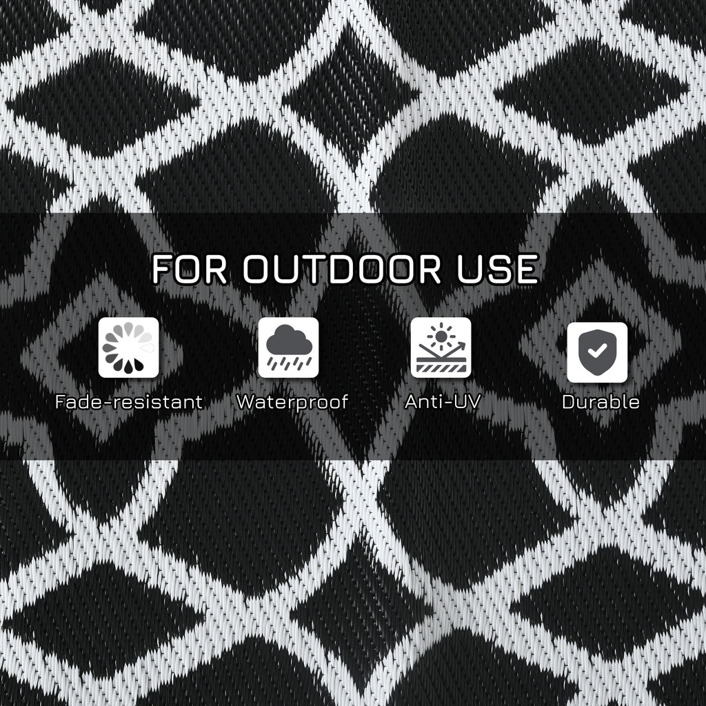 Reversible Outdoor Rug, Waterproof Plastic Straw RV Rug with Carry Bag, 9' x 18', Black and White Clover