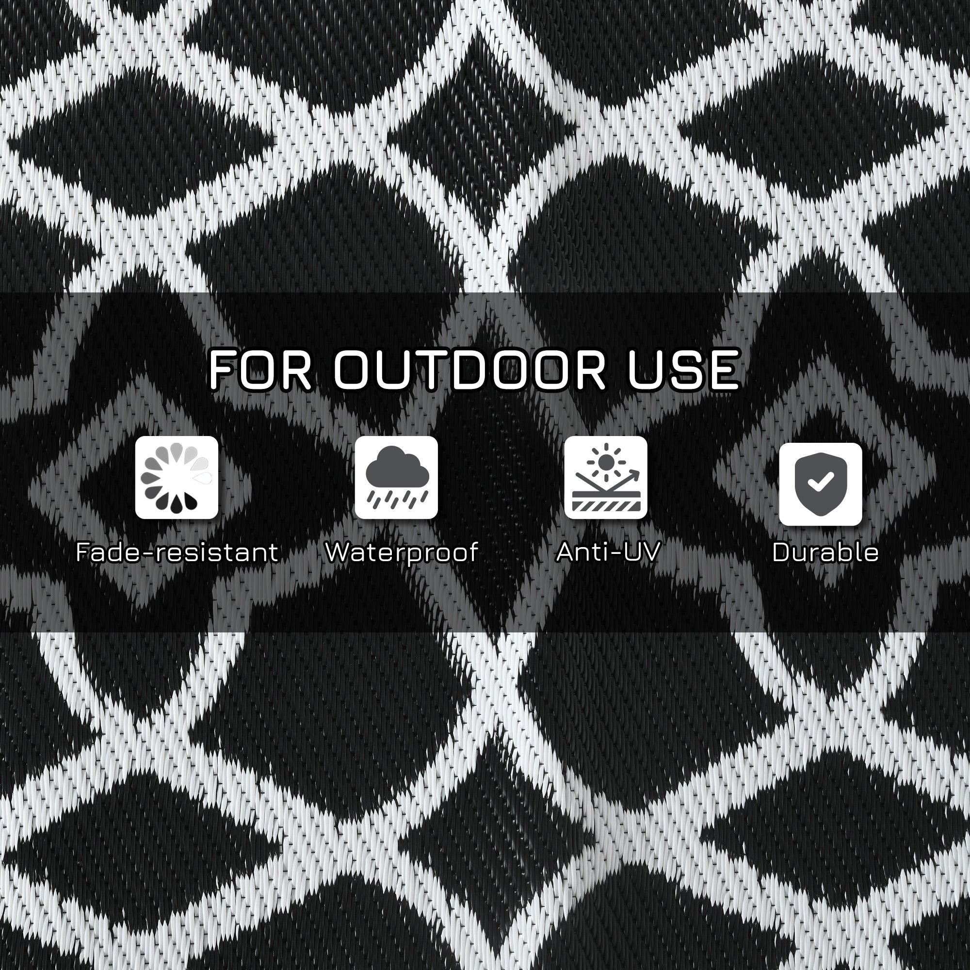 Reversible Outdoor Rug, Waterproof Plastic Straw RV Rug with Carry Bag, 9' x 18', Black and White Clover