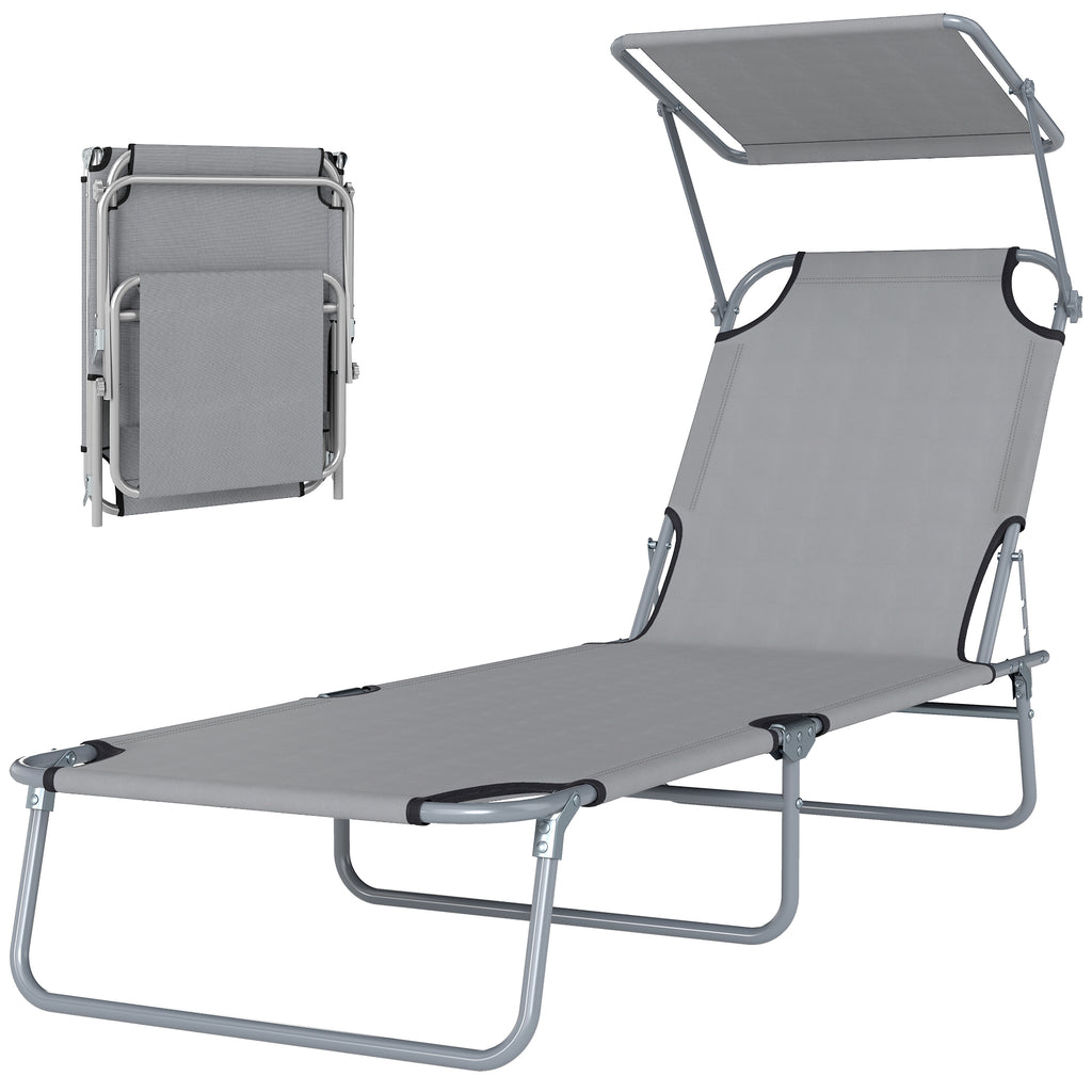 Outdoor Lounge Chair, Adjustable Folding Chaise Lounge, Tanning Chair with Sun Shade for Beach, Camping, Hiking, Backyard, Light Grey